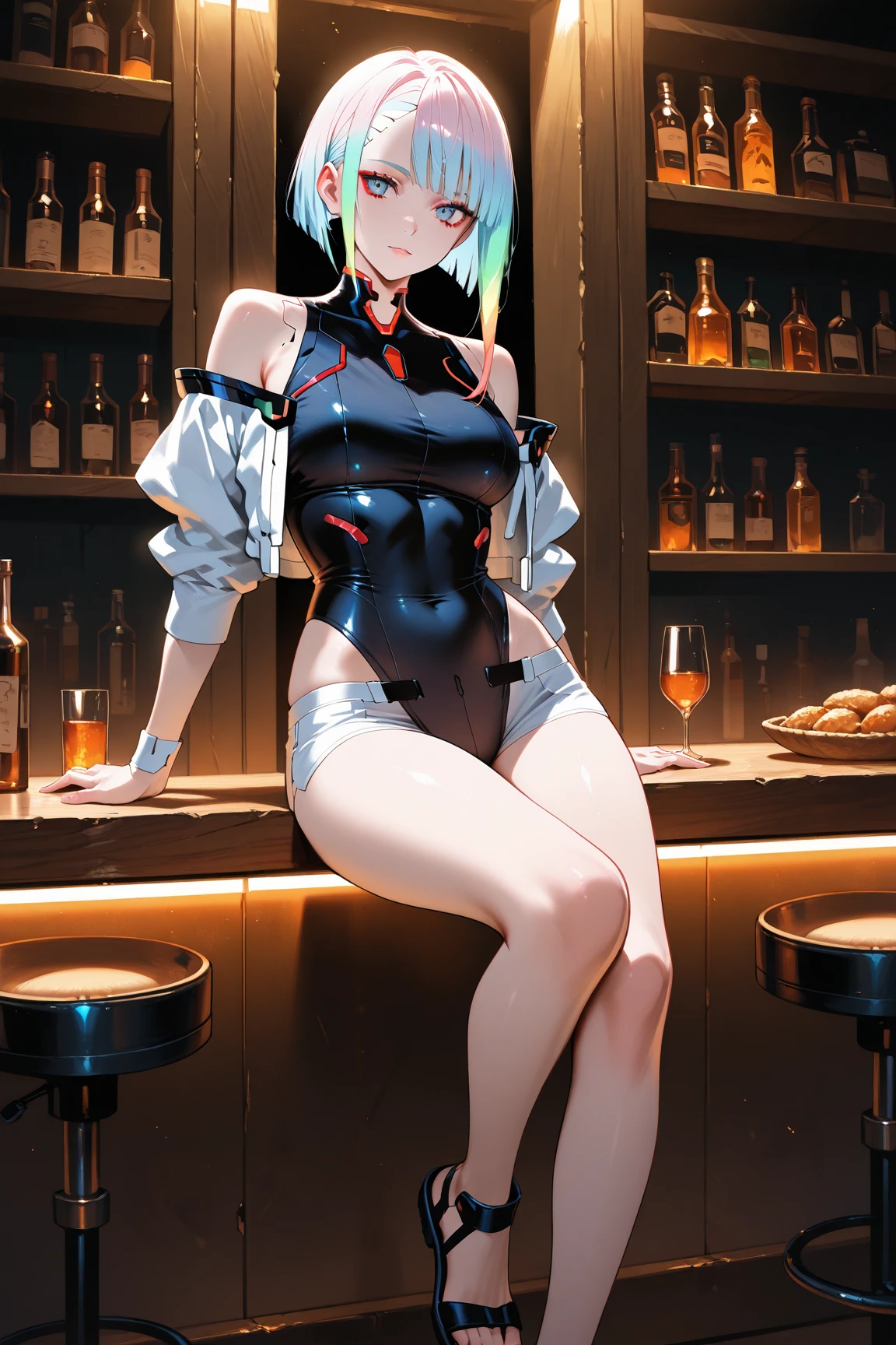 Silver Hair, bangs, Bobcut, Head-mounted display, Glowing Eyes,Sharp Eyes、 Textured skin, high quality, 最high quality, masterpiece, Sci-fi spies, Cyberpunk World, Functional bodysuit, beautiful girl, Shiny bodysuit, Girl in the dark, 6k, cute, The facial details are particularly rich., Perfect lighting, Fits perfectly to the skin, latex, White jumpsuit, moonlight, Shades, goddess