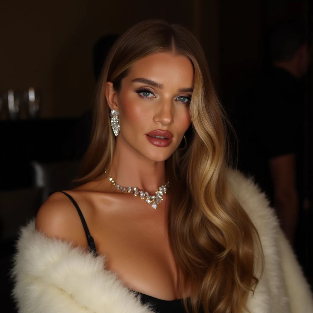 best quality, amanda_seyfried, 1girl, solo, long hair, breasts, blonde hair, cleavage, jewelry, earrings, lips, realistic, black dress, upper body