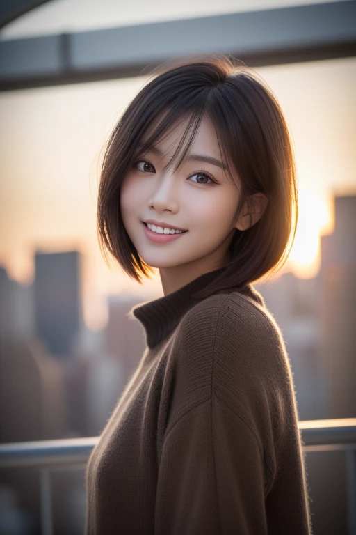 masterpiece, Highest quality, The face of a hostess (Total neck sweater:1.2), (RAW Photos, Highest quality), (reality, Realistic:1.4), Upper Body、healthy、Clean look、Slim and perfect figure、Japanese Beauty、Beautiful Eyes、Perfect Face、Beautiful Skin、Crystal skin, short hair、A cool smile、night、Town Street