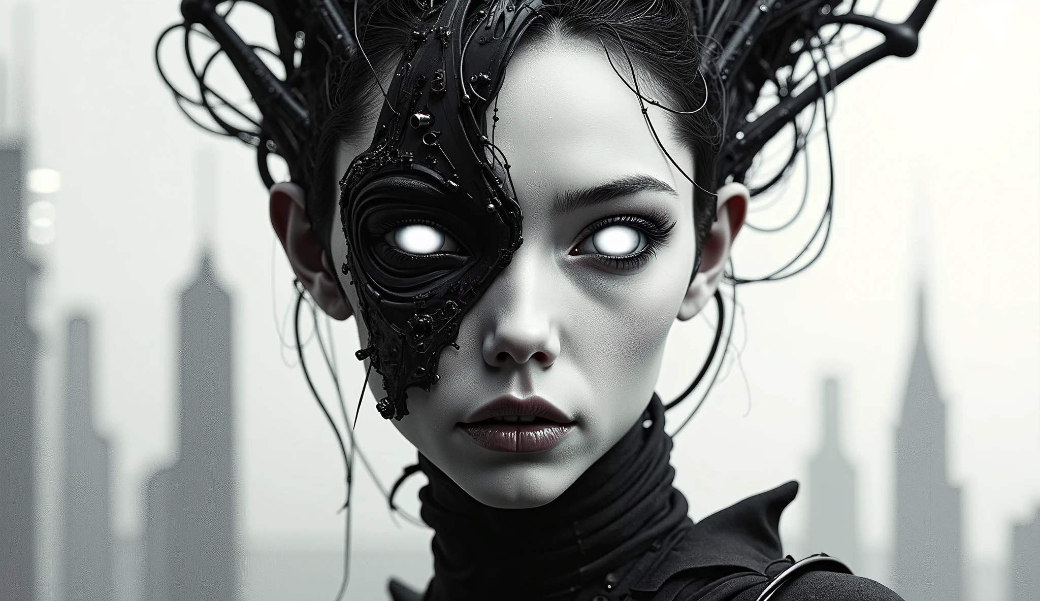 Hyperrealistic art imaginative dark gothic fantasy concept art,bleak,vibrant immersive woman's face split in half,left side is pale skin brightly lit,right side is dark cybernetic, Hyperrealistic art cinematic film still photography in the style of detailed hyperrealism photoshoot . Extremely high-resolution details, photographic, realism pushed to extreme, fine texture, incredibly lifelike