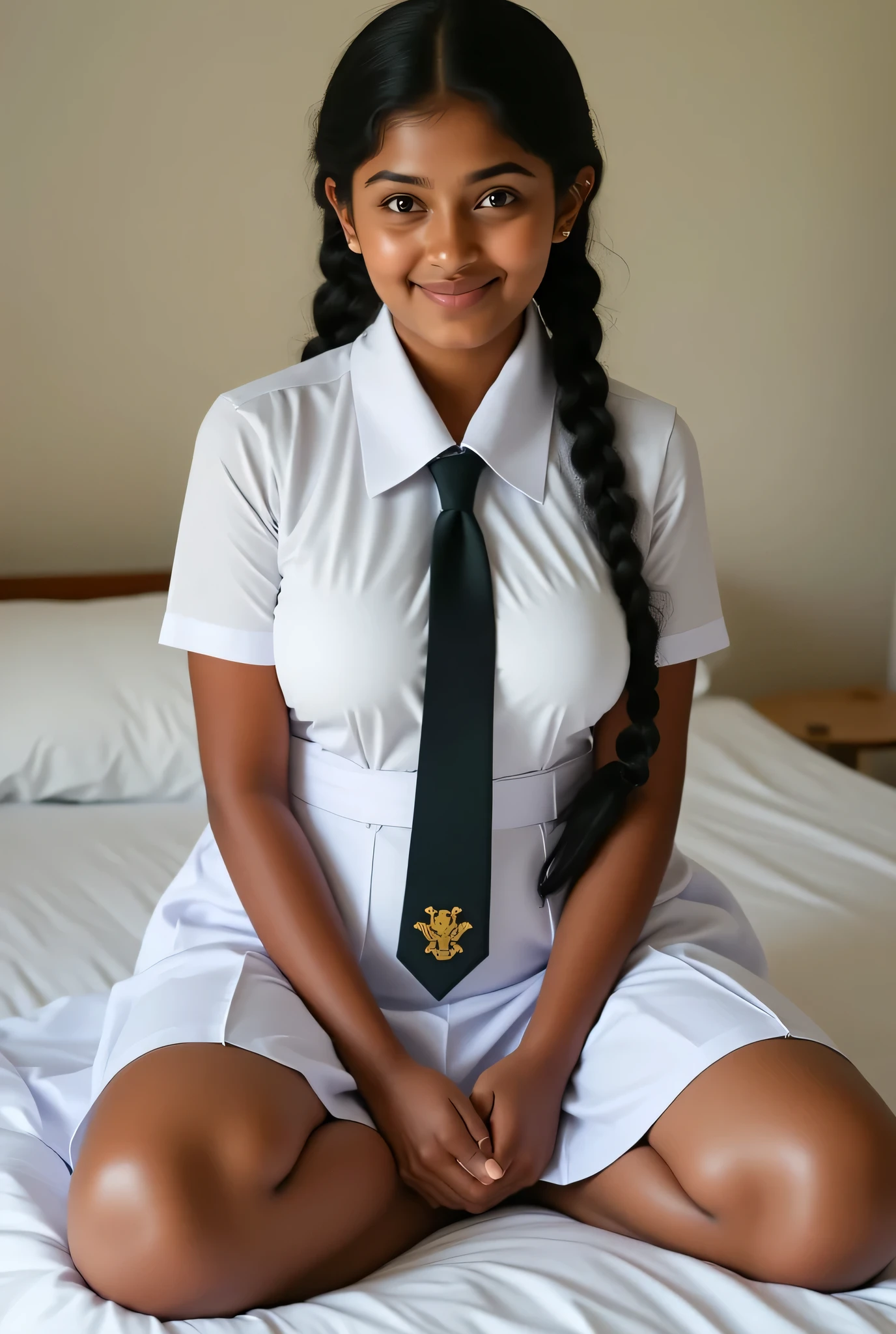 a beautiful cute young big breasted girl, ((huge breasts size)), detailed white frock uniform, color tie, sitting on bed, (((spread open legs))), full body, (((sexy thick thighs, clear perfect pussy))), wide photo ,cinematic lighting, hyperrealistic, photorealistic, 8k, masterpiece, high quality, intricate details, tanned dark color skin, sweaty skin, ((((seductive facial features, upskirt)))), ((nsfw:1.5)), ((dynamic sexy pose))