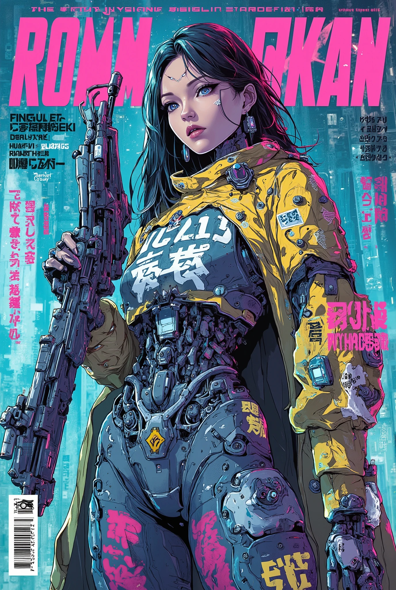 ((anime art style (((magazine cover))) illustration) of (perfect Asian cyborg girl wearing a extremely intricate cybernetic plug suit and holding a rifle))、((Japanese text)), (Machine Body), ((LED lights)), ((wearing tattered cloak)).