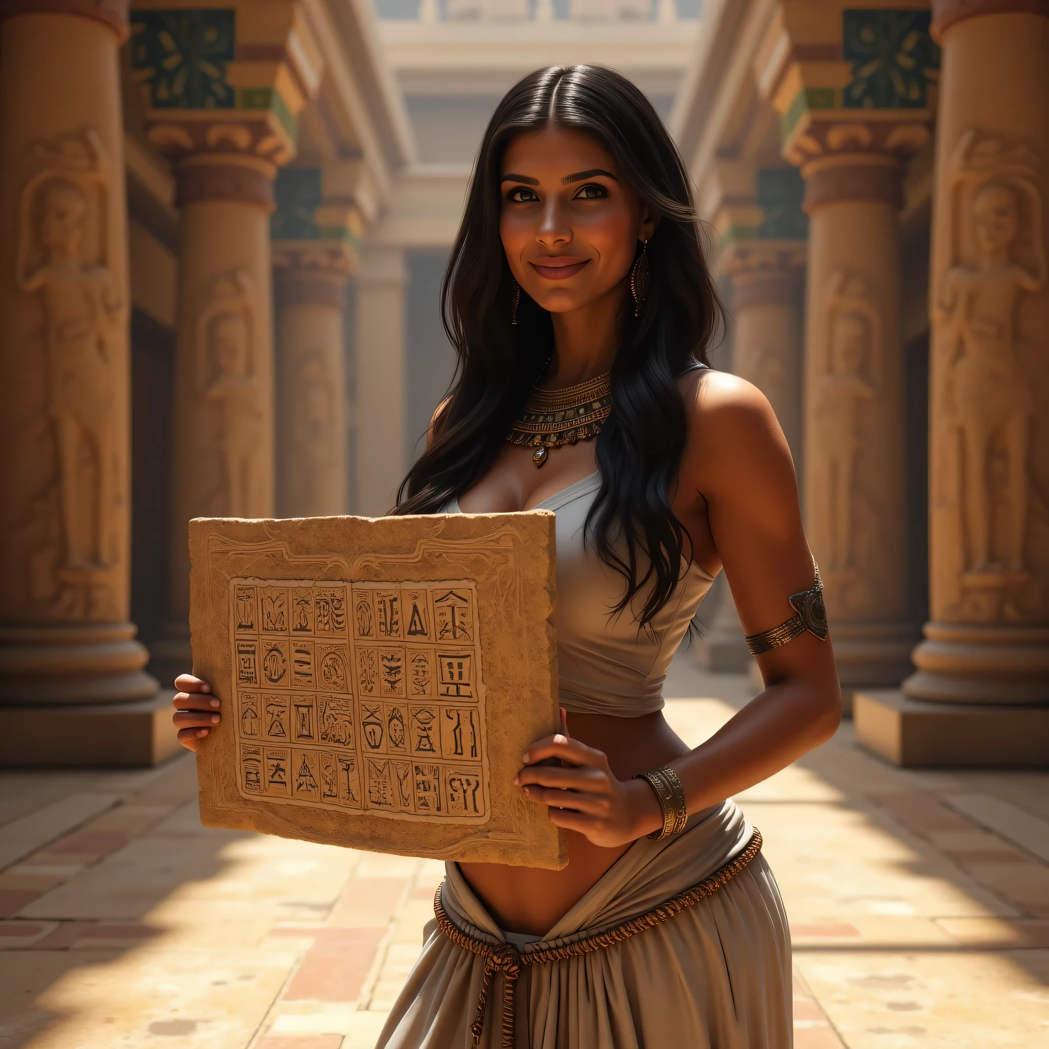 A hyper-realistic wide scenery image shot of a prehistoric beautifully female queen Cleopatra Pharaoh holding lifted up a big size hieroglyph carved cliparts on clay tablet, symmetrically balanced in image composition. The beautifully Pharaoh is depicted in a full body angle view, showcasing her lively, lusciously vivacious, and shapely body. She is wearing a realistic cultural Pharaoh long dress. The scene includes a well-rounded prehistoric female Pharaoh holding use a big size of carved cliparts hieroglyph, and smiling. The background features ancient egypt palace with central leading lines, creating a sense of depth on ultra-wide angle. The image has UHD ambience, with a zoomed-out perspective, realistic textures, mixed lighting concept, and a wide-angle view. The Pharaoh's hands are accurately detailed with full human finger anatomy, and her hair is shiny and lifelike. The overall style is reminiscent of Far Cry 5 game artwork, with additional details and body fixes applied. The combination of influenced of SandalPunkAi Artwork and BronzePunkAi Artwork. Perfectly curvy.