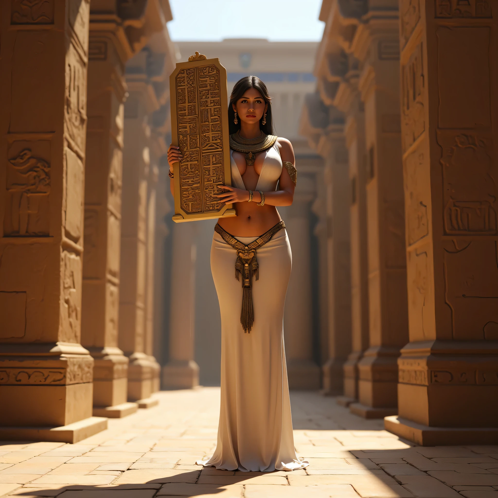 A hyper-realistic wide scenery image shot of a prehistoric beautifully fullbody female queen Cleopatra Pharaoh holding lifted up a big size hieroglyph carved cliparts on clay tablet, symmetrically balanced in image composition. The beautifully Pharaoh is depicted in a full body angle view, showcasing her lively, lusciously vivacious, and shapely body. She is wearing a realistic cultural Pharaoh long dress. The scene includes a well-rounded prehistoric female Pharaoh holding use a big size of carved cliparts hieroglyph, and smiling. The background features ancient egypt palace with central leading lines, creating a sense of depth on ultra-wide angle. The image has UHD ambience, with a zoomed-out perspective, realistic textures, mixed lighting concept, and a wide-angle view. The Pharaoh's hands are accurately detailed with full human finger anatomy, and her hair is shiny and lifelike. The overall style is reminiscent of Far Cry 5 game artwork, with additional details and body fixes applied. The combination of influenced of SandalPunkAi Artwork and BronzePunkAi Artwork. Perfectly bust.