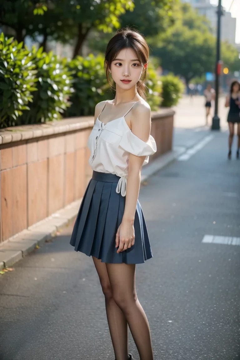 the Extremely Detailed CG Unity 8K Wallpapers、top-quality、ultra-detailliert、masterpiece、realisitic、写真realisitic、extremely detailed cute girl、20yr old、(skirt rift)、(自分でskirt rift))、white panties、panties focus、red blush、sexy lip、looking at the viewers、Half body shot、wearing a white tight off-shoulder shirt、(crowd)、(Crowded parks)、shorth hair