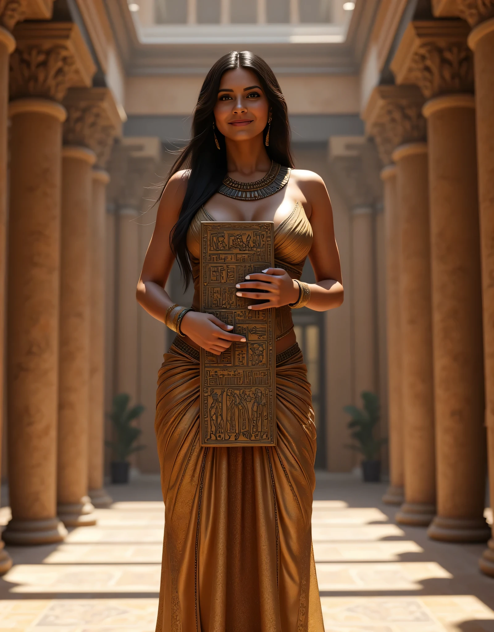 A hyper-realistic wide scenery image shot of a prehistoric beautifully fullbody female queen Cleopatra Pharaoh holding lifted a big size hieroglyph carved cliparts on clay tablet, symmetrically balanced in image composition. The beautifully Pharaoh is depicted in a full body angle view, showcasing her lively, lusciously vivacious, and shapely body. She is wearing a realistic cultural Pharaoh long dress. The scene includes a well-rounded prehistoric female Pharaoh holding use a big size of carved cliparts hieroglyph, and smiling. The background features ancient egypt palace with central leading lines, creating a sense of depth on ultra-wide angle. The image has UHD ambience, with a zoomed-out perspective, realistic textures, mixed lighting concept, and a wide-angle view. The Pharaoh's hands are accurately detailed with full human finger anatomy, and her hair is shiny and lifelike. The overall style is reminiscent of Far Cry 5 game artwork, with additional details and body fixes applied. The combination of influenced of SandalPunkAi Artwork and BronzePunkAi Artwork. Perfectly bosomy