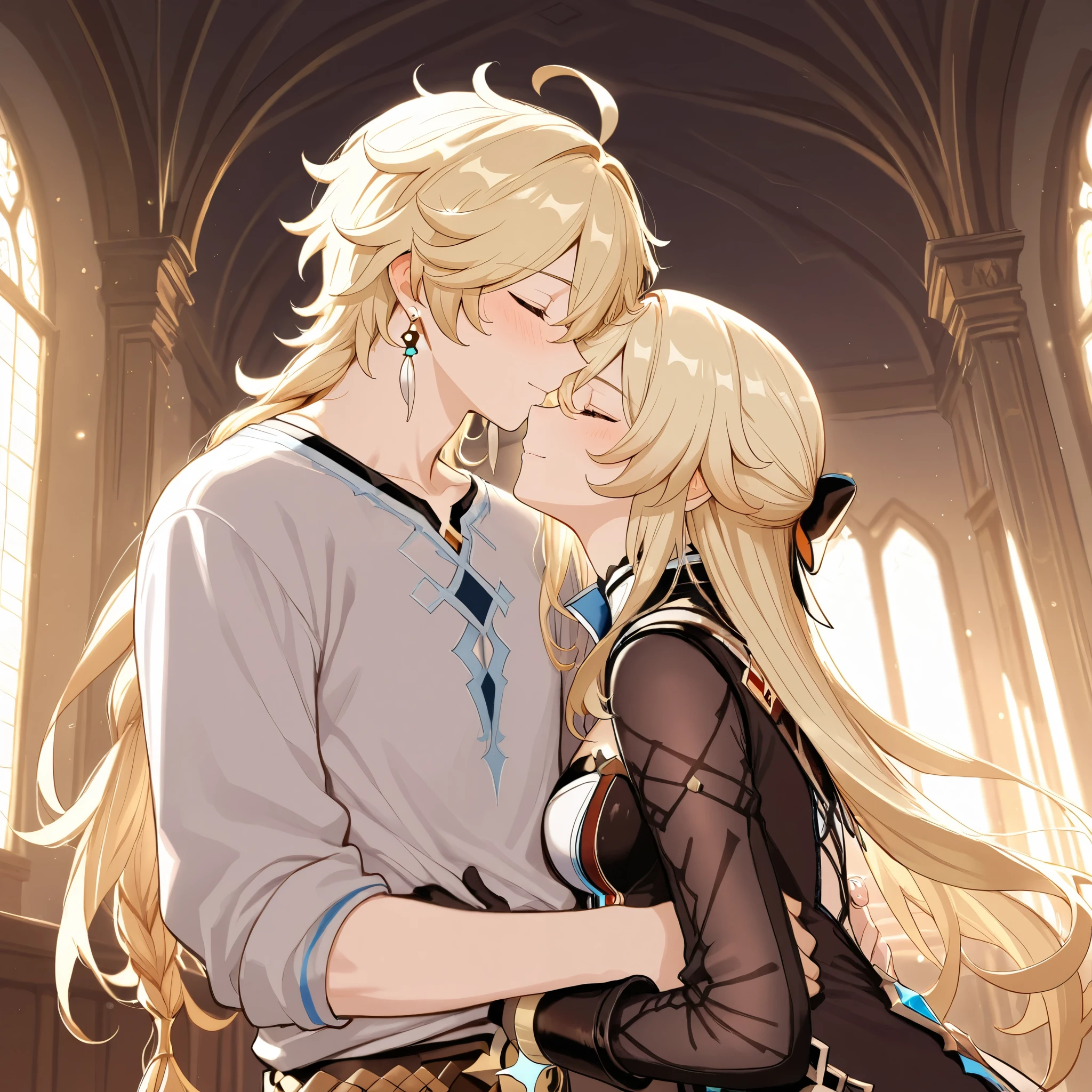love couple, Jean and Aether, Genshin Impact, hugging each other, inside mansion, masterpiece, best quality