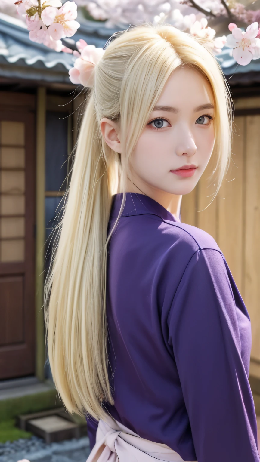 1girl, Solo, Ino Yamanaka, light Yellow Hair, long hair, Straight Hair Over One Eye, High Ponytail, Blue eyes, Purple clothes, Looking at viewer, background of a typical Japanese house, cherry blossom tree, Cowboy Shot, Upper body, Realistic
