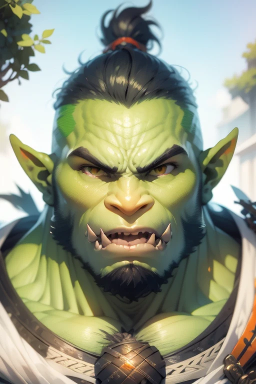 detailed face, detailed body, detailed background, perfect anatomy, masterpiece, high quality, best quality, outdoors, sky, portrait, close-up, 1boy, orc_wow, orc, tusks, pointy ears, green skin, muscular, big pecs, short beard, long hair, laughing <lora:Orc_WoW_V1_ILXL:0.8>  <lora:detailed_notrigger:1>