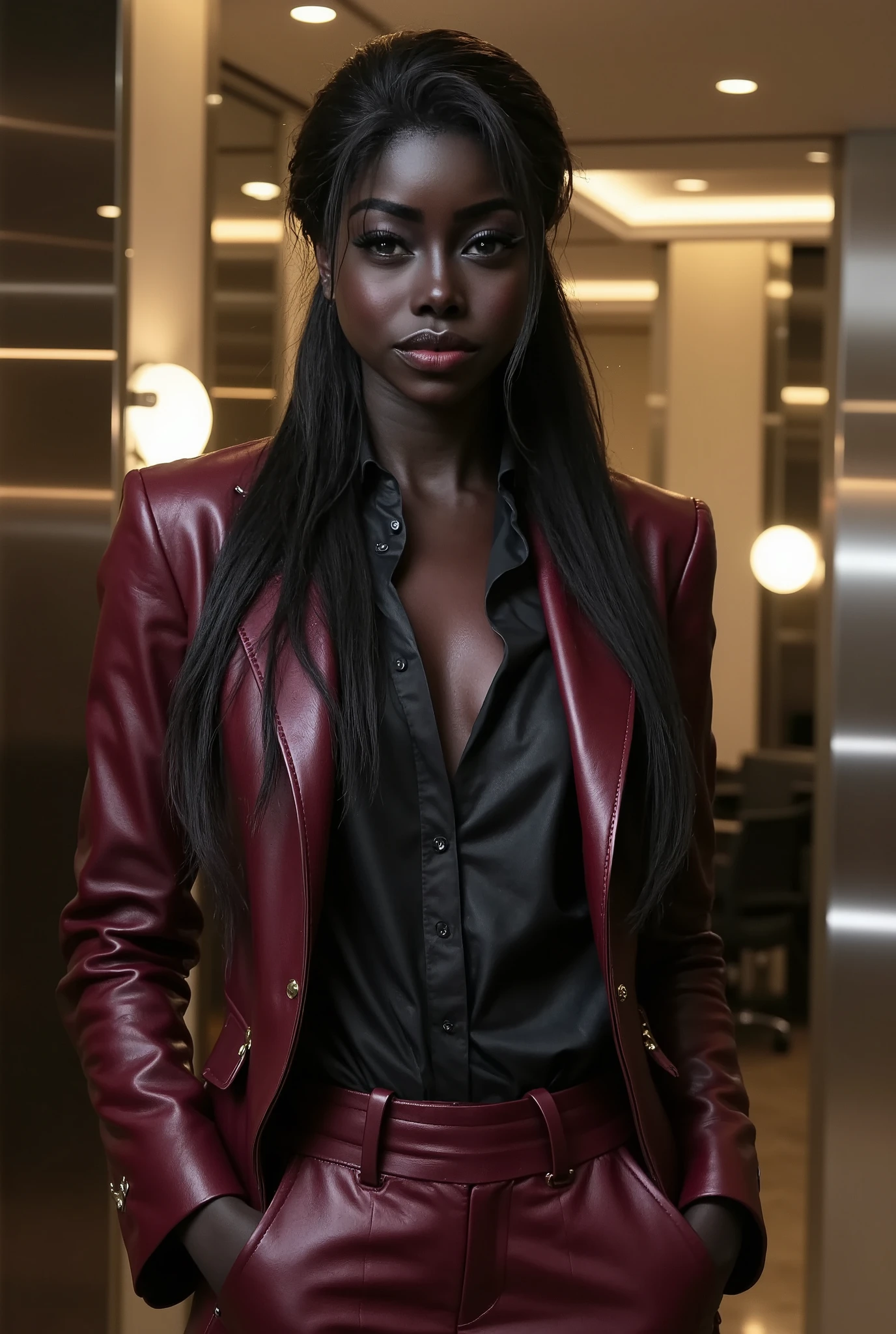 full body image of Nyla Lueeth, a beautiful female business executive wearing an bordeaux leather Armani business suit with a open black buttondown shirt, wet slicked back black hair, strong seductive makeup, bedroom eyes, cinematic lighting, a corporate photography, top executive office in the background, godrays