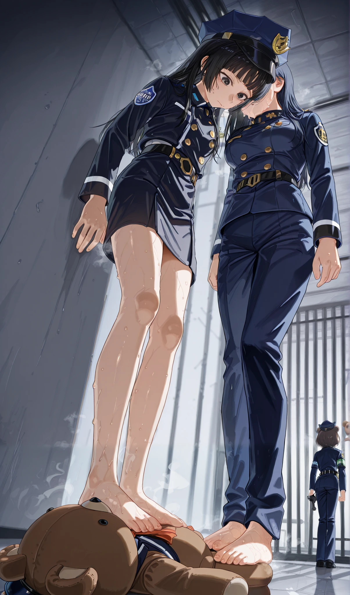 in blue police uniforms , prison , low angle,Two police women #& 1 stand on the teddy bear's face with one leg,Woman stomping on teddy bear,Two women trampling on teddy bear face.Foot on a teddy bear ,Blue police uniforms , two women standing together ,Bend over and look down,Wearing a police hat,Standing side by side,barefoot,Sweating,steam,Five toes per foot,perfect feet, anatomically accurate feet, long hair,Straight Hair,Bangs。
Teddy bears wear black and white prison uniforms#&39