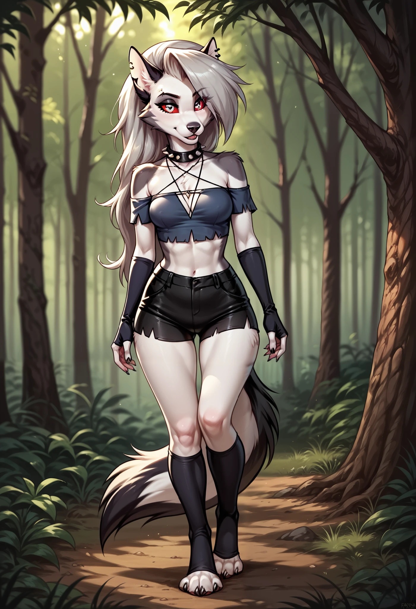 loona, helluva boss, ancesra, anthro, female, toeless socks, small breasts, fingerless elbow gloves, (red sclera, white iris), by ancesra, 1girl, solo, detailed, detailed background, forest, best quality, masterpiece, detailed eyes, detailed pupil,, clothing, loona of clothes