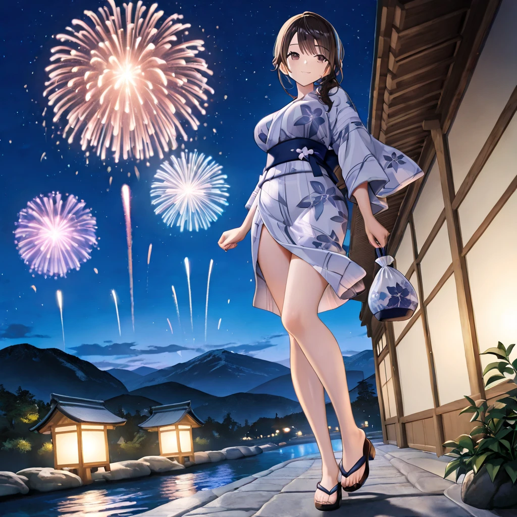 Highest quality,Highest Resolution,(((Yukata leotard)))Beautiful smiling girl,Night view,Sparkler,High leg,Yukita,