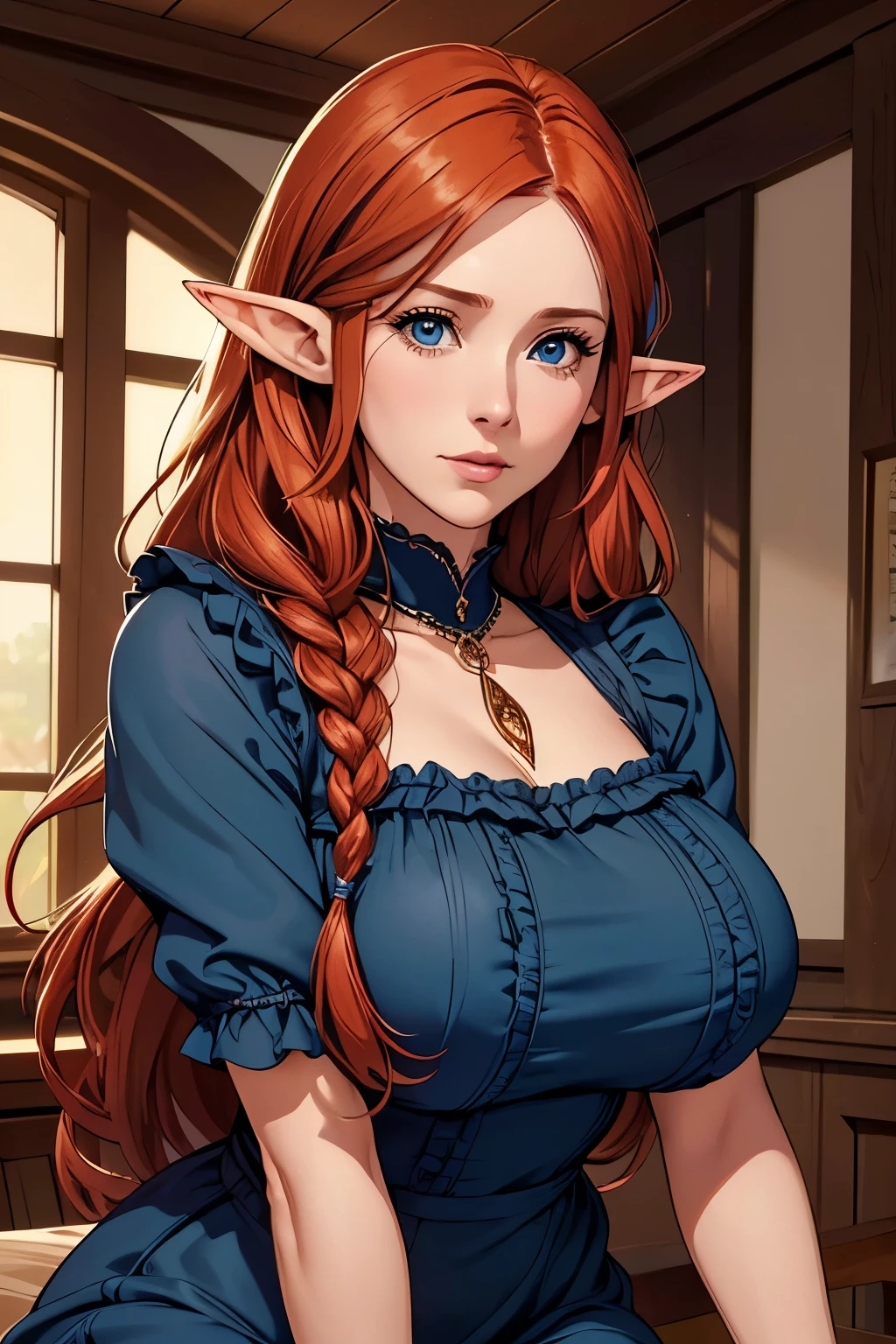 Beautiful Farmer with Braids . ((redhead woman, mature adult woman , mature milf's face, long hair , pointy ears , elf ear)), Perfectly round face. cute and charming face, big lips, beautiful and voluptuous , charming beauty , (( soft expression on the face )), ((Beautiful big, detailed blue eyes )), curly curly , Long legs (( Dark blue dress with ruffles, mature adult woman , adult milf face, modest dress, very high neckline)) (detailed high )), official art , award-winning digital painting , digital illustration , Extreme Details, 4K, Ultra HD, rococo, polished, intricate, realistic fantasy art , sharp focus, conceptual artwork , arte por wlop, germ of art, ( 2D vector illustration ) light, airy, hourglass shaped body . ellie bamber