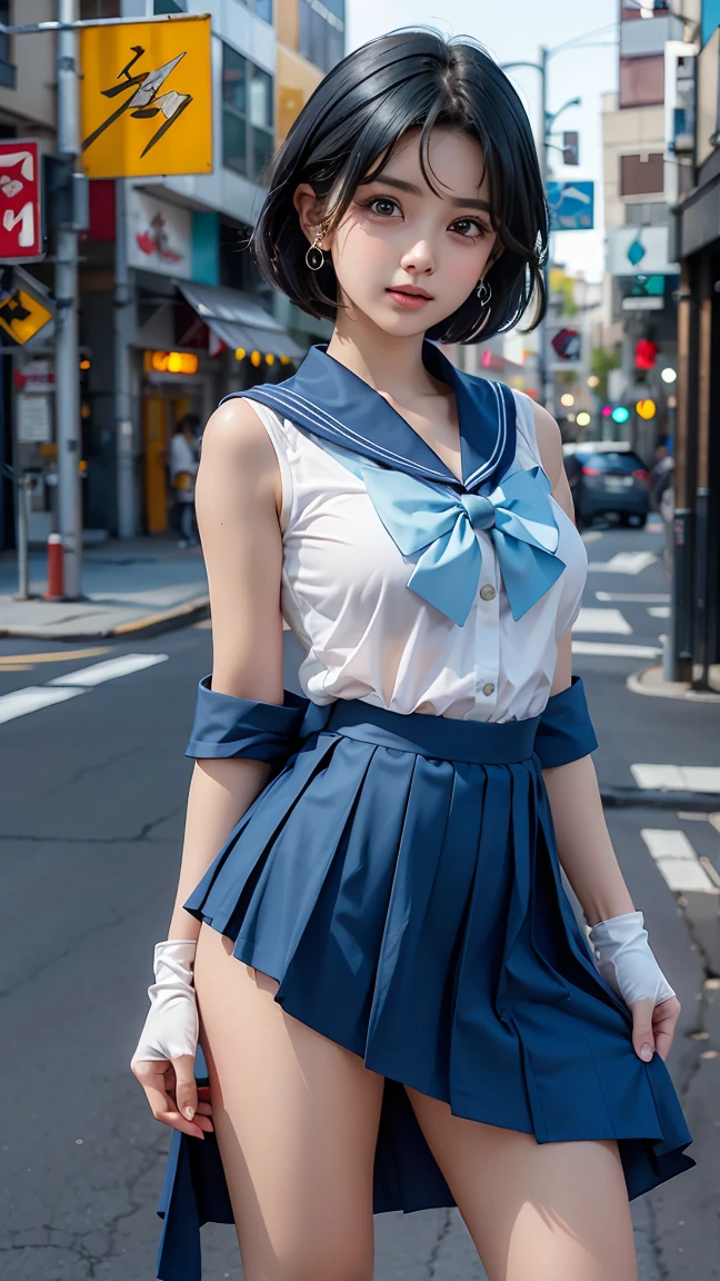 "Create an image of Ami Mizuno from Sailor Moon. She should be depicted in her Sailor Mercury uniform, which includes a blue and white sailor suit with a light blue bow on her chest,a short blue skirt, and blue white lined collar. Her short blue hair frames her face, and she has blue eyes. Ami should have an intelligent and calm expression, holding her blue visor in one hand and her Mercury Computer in the other. The background should be a watery, serene scene with a blue color palette."