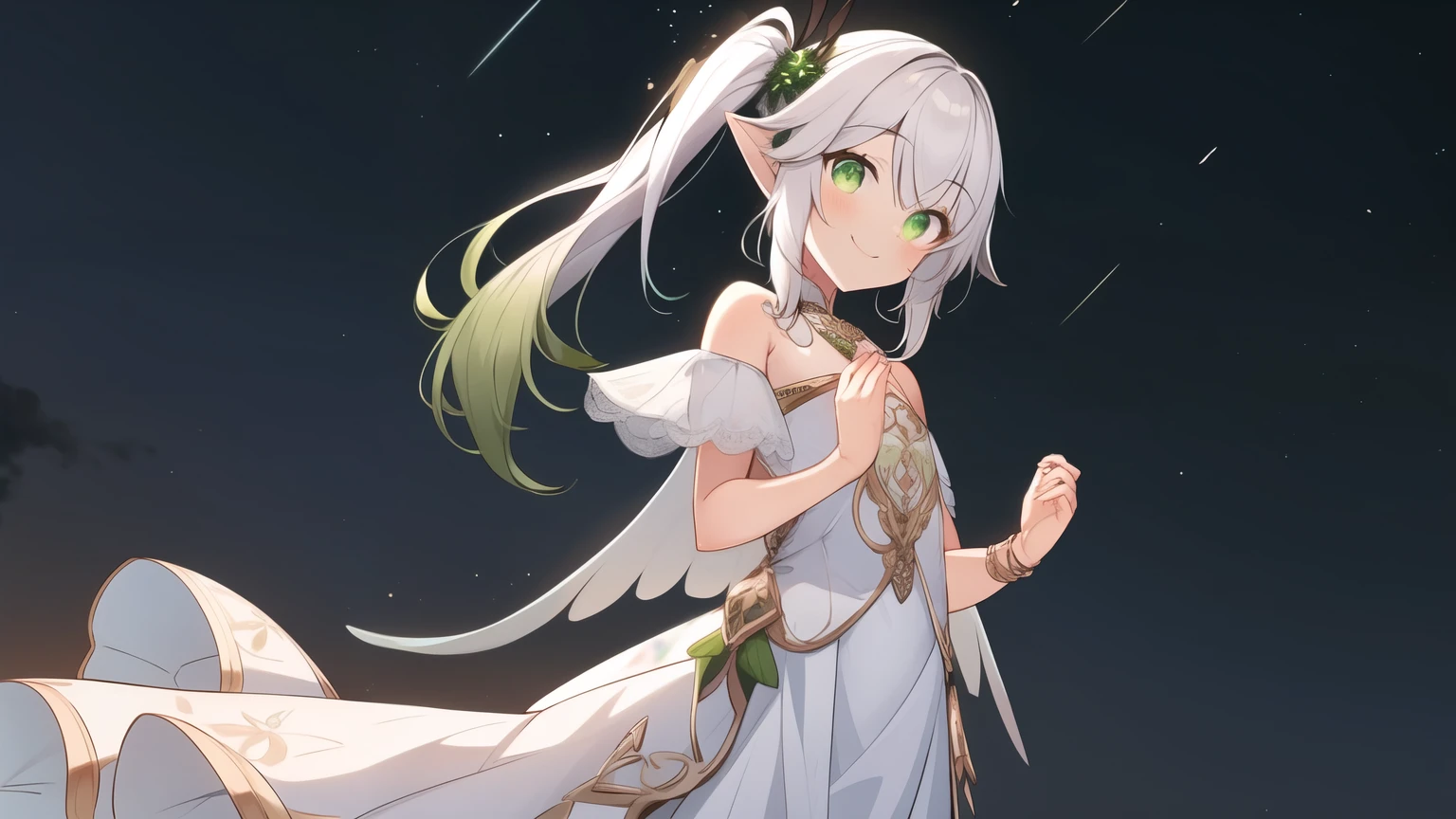 flying at the centre of the sky, bird wings on her back, smile, green eyes, solo, Nahida, (white hair), gradient hair, green hair, side ponytail, long hair, banewewegs, flat chest, long wedding dress, (pointy ears:0.7), CG, dark sky background, masterpiece, best quality, full body, buterflies, extremely details, beautiful hands, beautiful fingers, glow eyes,