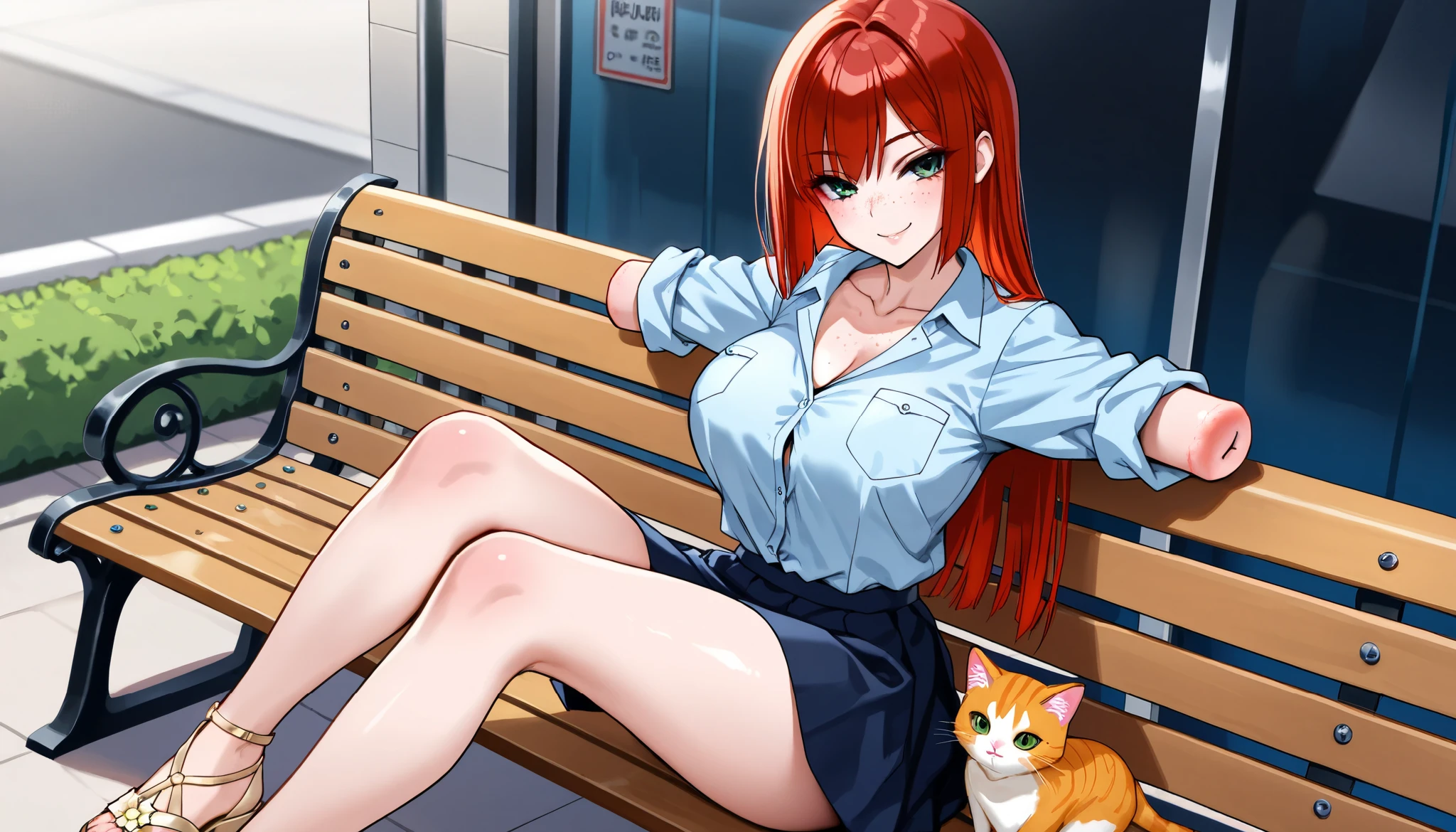 beautiful amputee girl dressed in blue shirt with rolled sleeves and skirt sitting on bench on the shiny street, girl, cute, sassy, smile, green eyes, (freckles), ((long straight red hair)), ((light blue button down shirt)), (rolled up sleeves), ((amputee)), ((missing forearms)), (((arm stumps))), ((collarbone)), big breasts, (chest pocket), ((legs)), light sandals, looking at viewer, shiny street, bench, ginger cat, detailed