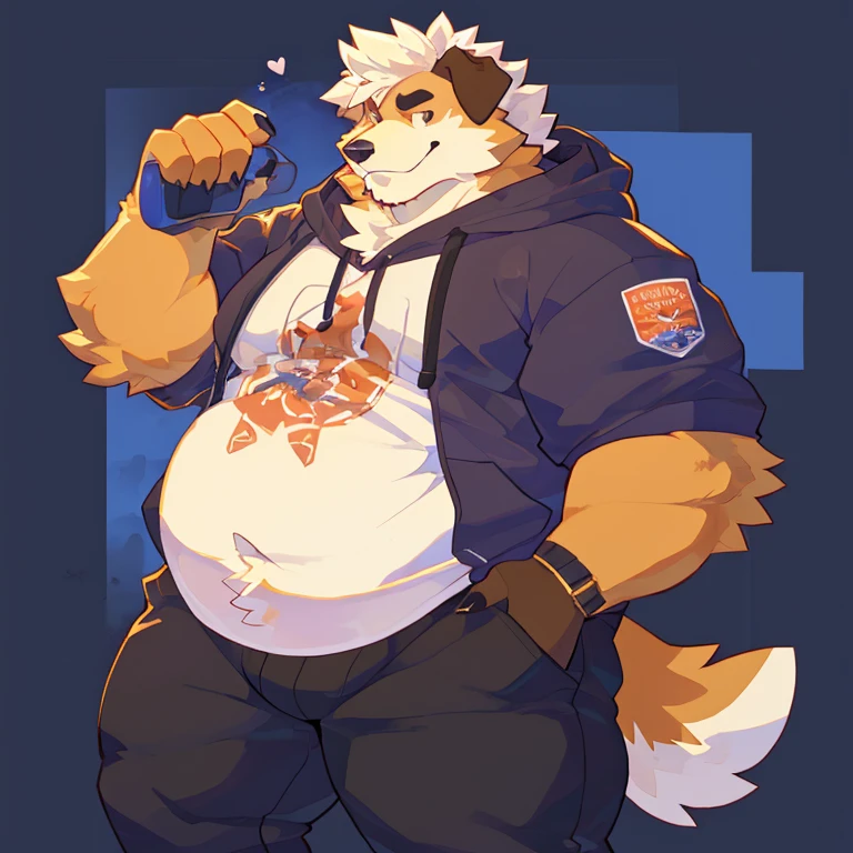 ((Best quality, masterpiece, detailed anatomy, detailed eyes, detailed hands, perfect lighting, perfect shading.)), by Buta99, by Zackary911, 1male, Wolf, brown furs, tight body, dark brown eyes, chub body, young body, blue windbreaker, white underwear, at the white background 