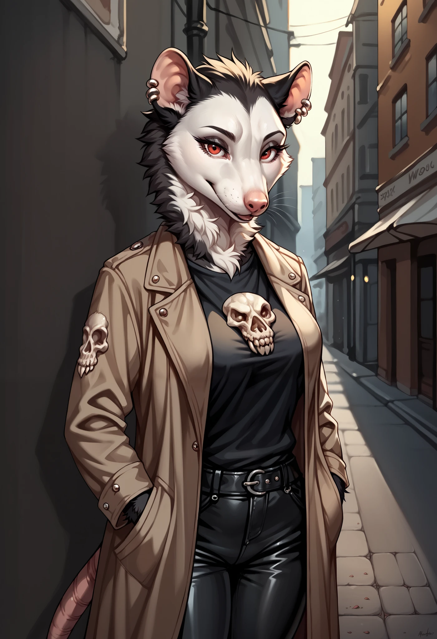 Stylized Anime artwork, 135mm+ focal length, furry, female, opossum, street, long black trench coat, skull-print t-shirt, leather pants, detailed digital acrylic painting, color graded, studio ghibli, highly detailed, red eyes, clear eyes, left ear piercing, two-tone fur, dark gray fur, withe fur