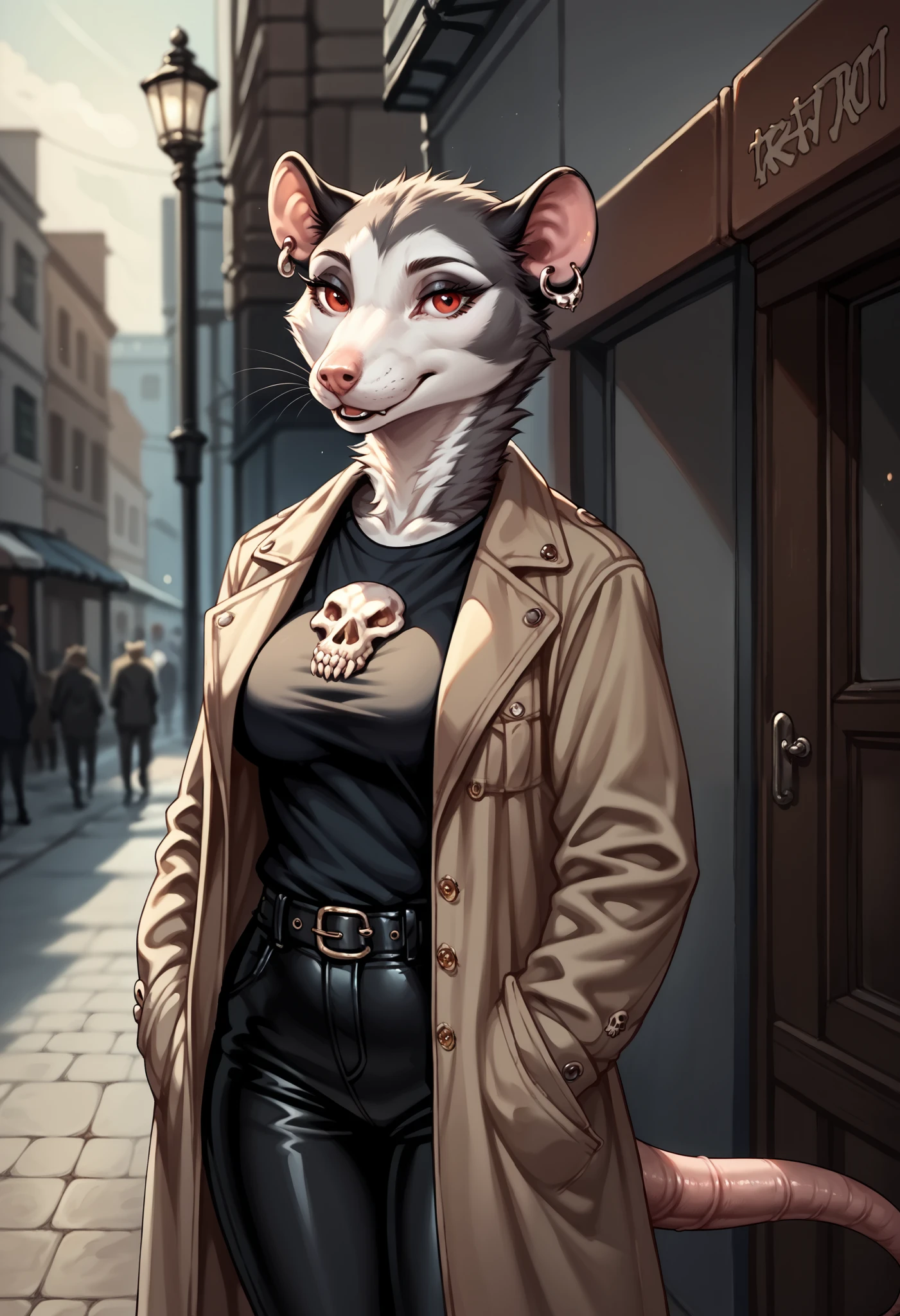 Stylized Anime artwork, 135mm+ focal length, furry, female, opossum, street, long black trench coat, skull-print t-shirt, leather pants, detailed digital acrylic painting, color graded, studio ghibli, highly detailed, red eyes, clear eyes, left ear piercing, two-tone fur, dark gray fur, withe fur