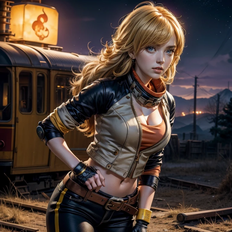 (RAW style, masterpiece, best quality, hyper realistic, high resolution, unreal engine), seven deadly sins, cowboy shot of Diane, pony tails, yellow costume, large breast