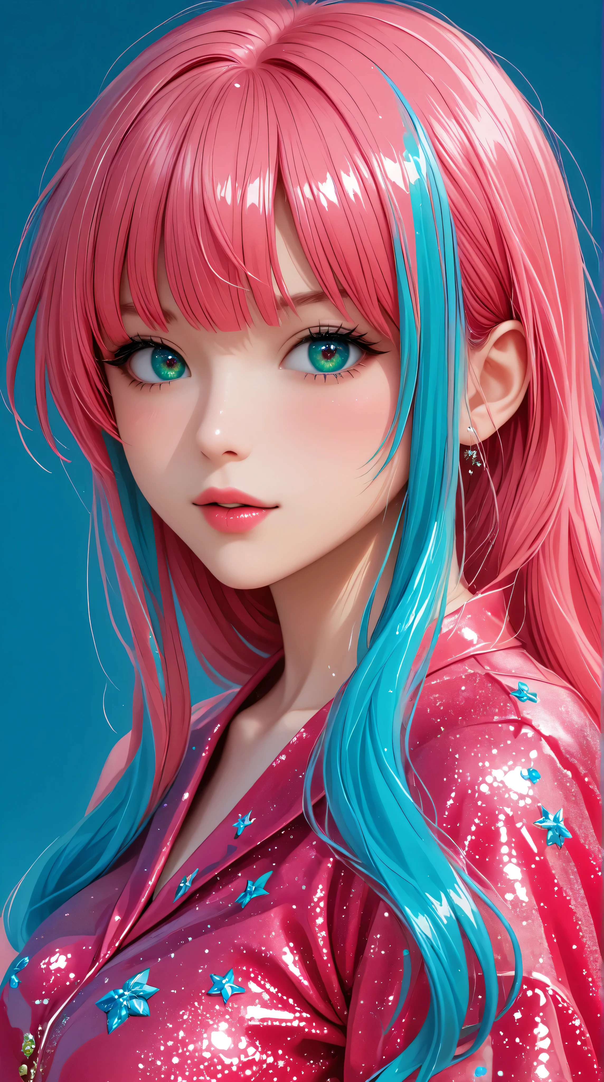 Kizi,Highly detailed, Amazing work,Vitreous luster,((clean backdrop)),In pink,(((blue colors))),green color,red colour,Best quality at best,clean backdrop。