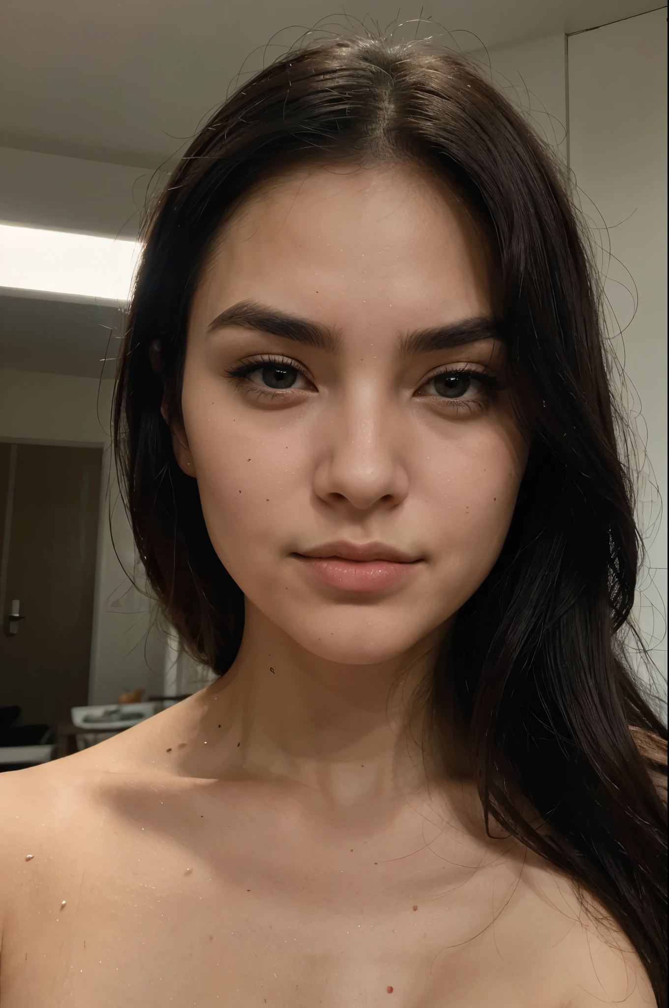 She has an oval face with high cheekbones , a well-defined chin is Asian , Japanese. Her eyes are big and almond shaped , black in color , with long and thick eyelashes , arched eyebrows, with a small scratch on her right eyebrow . Her nose is small and straight , and she is full , sharp fangs . Her hair is black with a green lock on the left side ., court et lisse, usually worn loose with a fringe that partially covers the forehead. Sa peau est claire avec beaucoup de taches de rousseur sur le nez et les joues roses.. A CLOSE UP OF A SELF-PORTRAIT , BUSTE DE CROPPED, ANGLE FROM TOP TO DOWN.