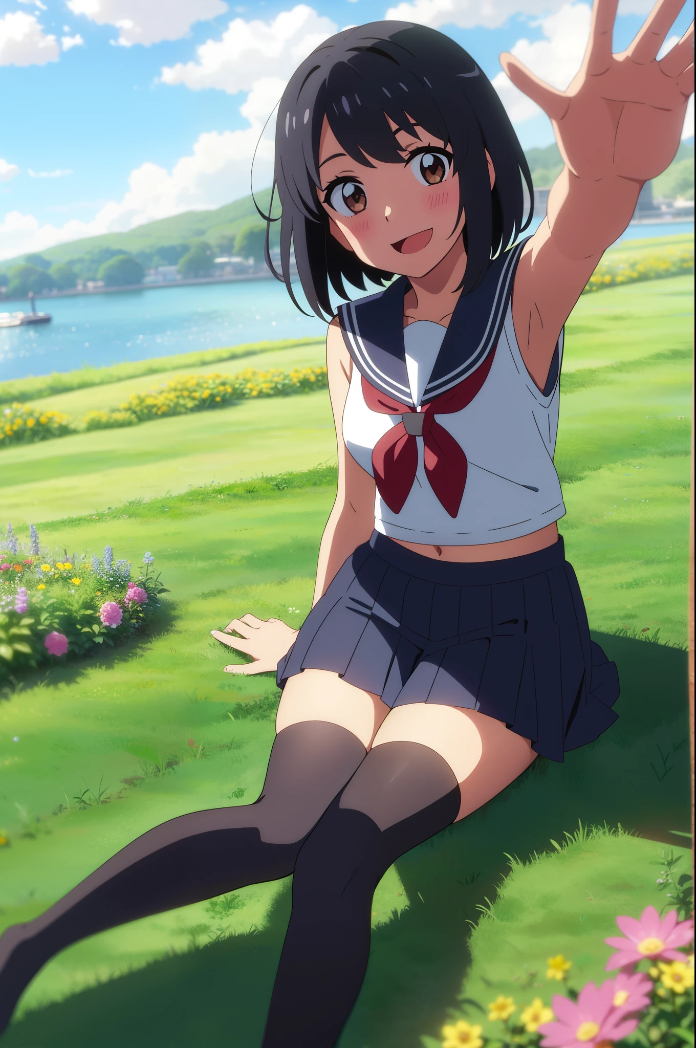 shinkai makoto, kimi no na wa., 1girl, bangs, black hair, blush, expressive eyes, brown eyes, perfect face, looking at the viewer, sailor uniform, sailor's hat, exposed navel, shirt, short sleeves, skirt, short hair, solo, outdoors, shinny skin, smile, cute, grin, cloudy, blue sky, mountains, rocks, sitting, (masterpiece), best quality