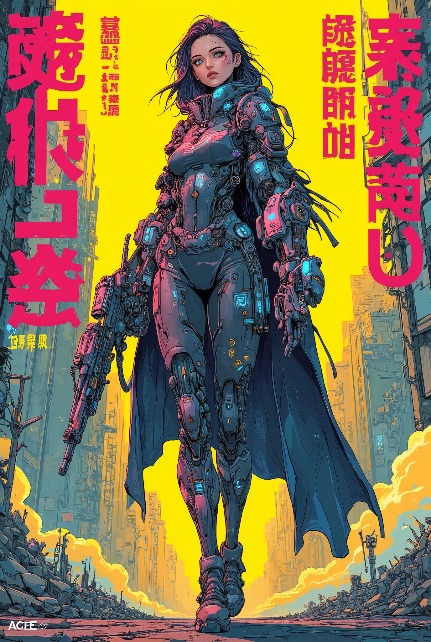 ((manga (((magazine cover))) illustration) of (perfect Asian cyborg girl wearing a detailed cybernetic plug suit and holding a rifle)), (Machine Body), ((LED lights)), ((wearing tattered cloak)), warm colours, ((Japanese text)), RUINED CITYSCAPE BACKGROUND.