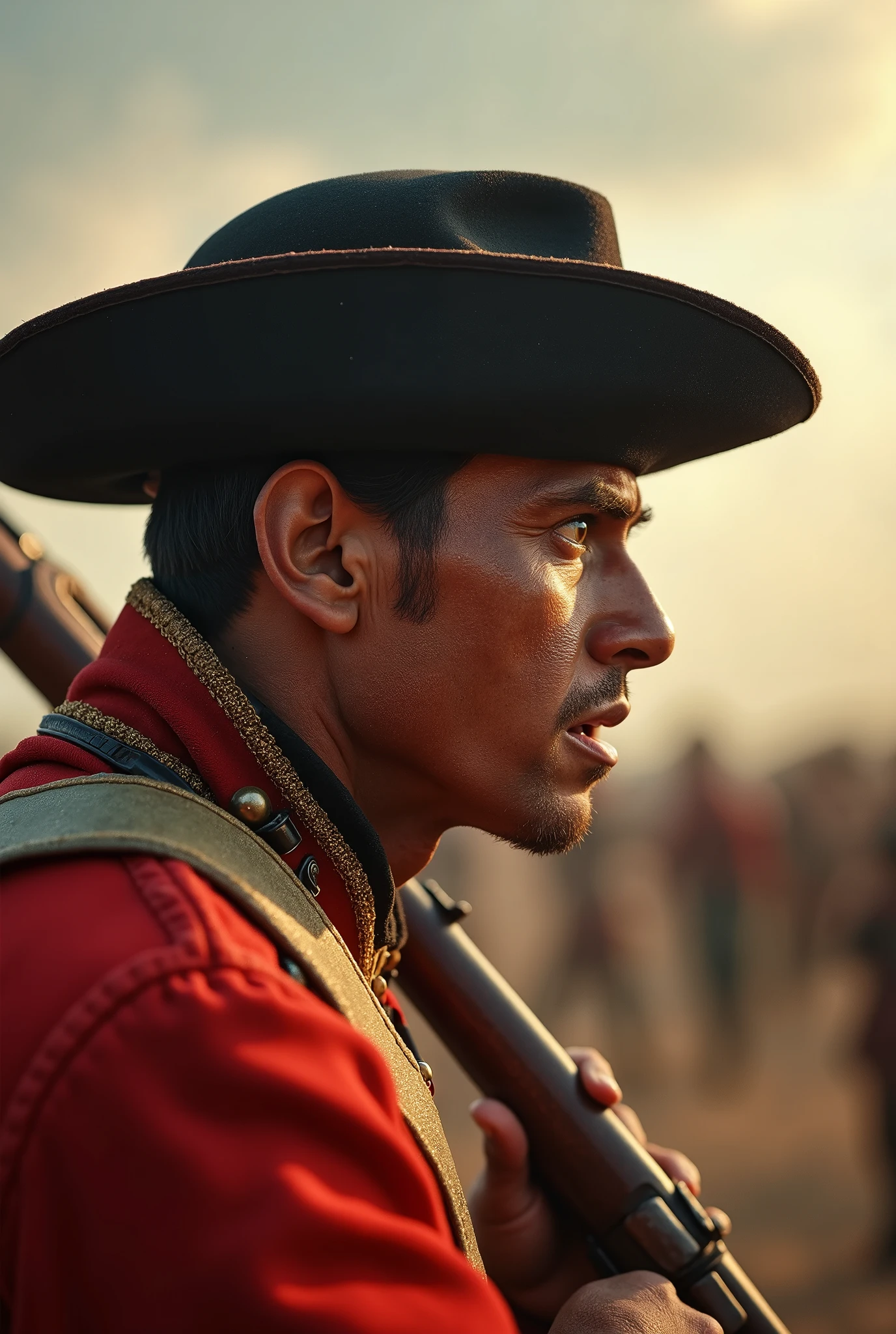 Close up of dynamic face and side profile of a 19th century Mexican Military College cadet wielding a rifle and running encouraging his companions to fight in a fierce scene of war. His face is intense, and his eyes are wide.