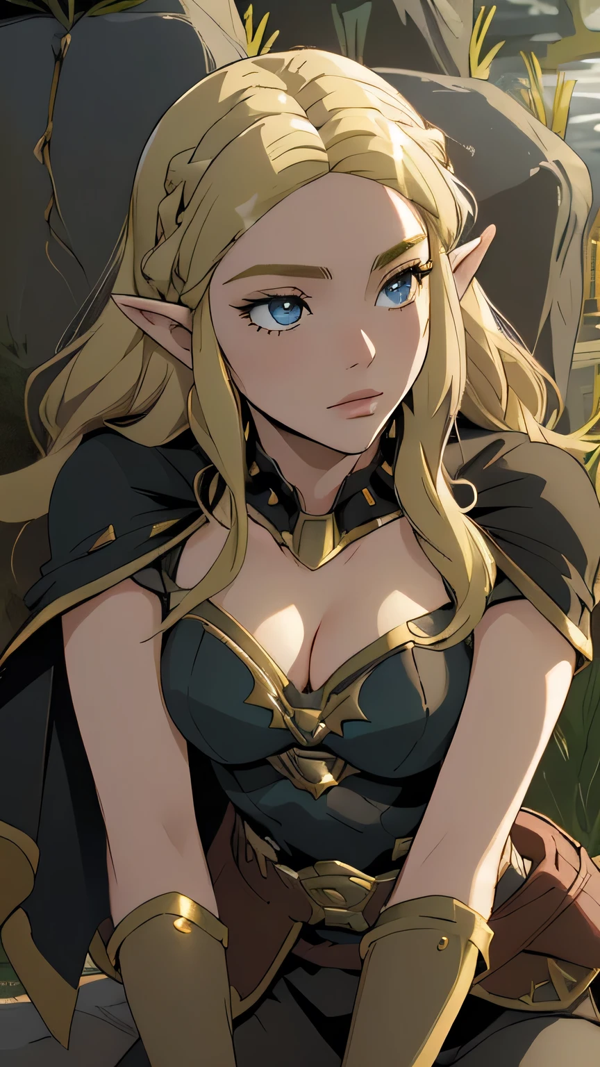 1girl in, age21, princess Zelda, photo of perfect woman, portrait, looking straight at camera, 5'3", Solo, Aesthetic artwork, (blond, straight blonde hair, waist length blond hair:1.25), (clear skin, pale skin, small breasts, B-cup, runners body, very thin waist, skinny, petite, detailed skin texture, (Masterpiece), (lying face down over a stone railing, leaning forward, sleepy expression, Half-Lidded eyes, glossy lips, cleavage, focus on breasts:1.2), (dc comics Batgirl Cosplay, wearing a black, pleather leotard, a gold bat-shaped chest emblem, utility belt, spiked gold hand-gloves, gold knee-high boots, and a dark blue cape), (extremely detailed 8k wallpaper), evening outdoor lighting, high quality, film grain, Fujifilm XT3 sharp focus, f 5.6, 50mm, High Detail, Sharp focus, (natural light), crazy details, complex details, hyper detailed