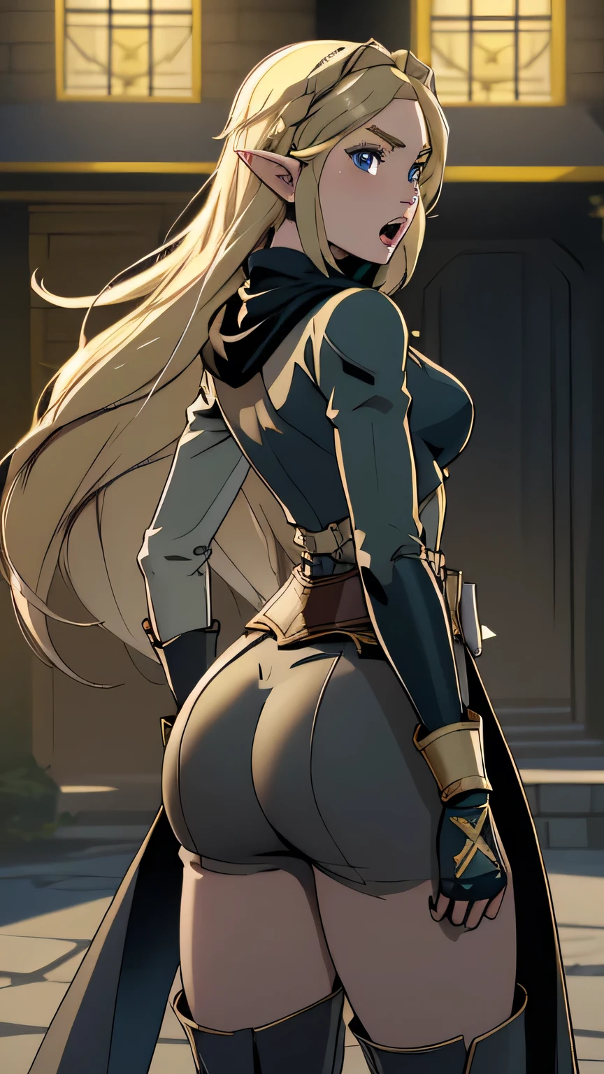 1girl in, age21, princess Zelda, photo of perfect woman, portrait, looking straight at camera, 5'3", Solo, Aesthetic artwork, (blond, straight blonde hair, waist length blond hair:1.25), (clear skin, pale skin, small breasts, B-cup, runners body, very thin waist, skinny, petite, detailed skin texture, (Masterpiece), (shot from behind, up skirt, surprised expression, wide eyes, open mouth, focus on ass:1.2), (dc comics Batgirl Cosplay, wearing a black, pleather leotard, a gold bat-shaped chest emblem, utility belt, spiked gold hand-gloves, gold knee-high boots, and a dark blue cape), (extremely detailed 8k wallpaper), outdoor lighting, high quality, film grain, Fujifilm XT3 sharp focus, f 5.6, 50mm, High Detail, Sharp focus, (natural light), crazy details, complex details, hyper detailed