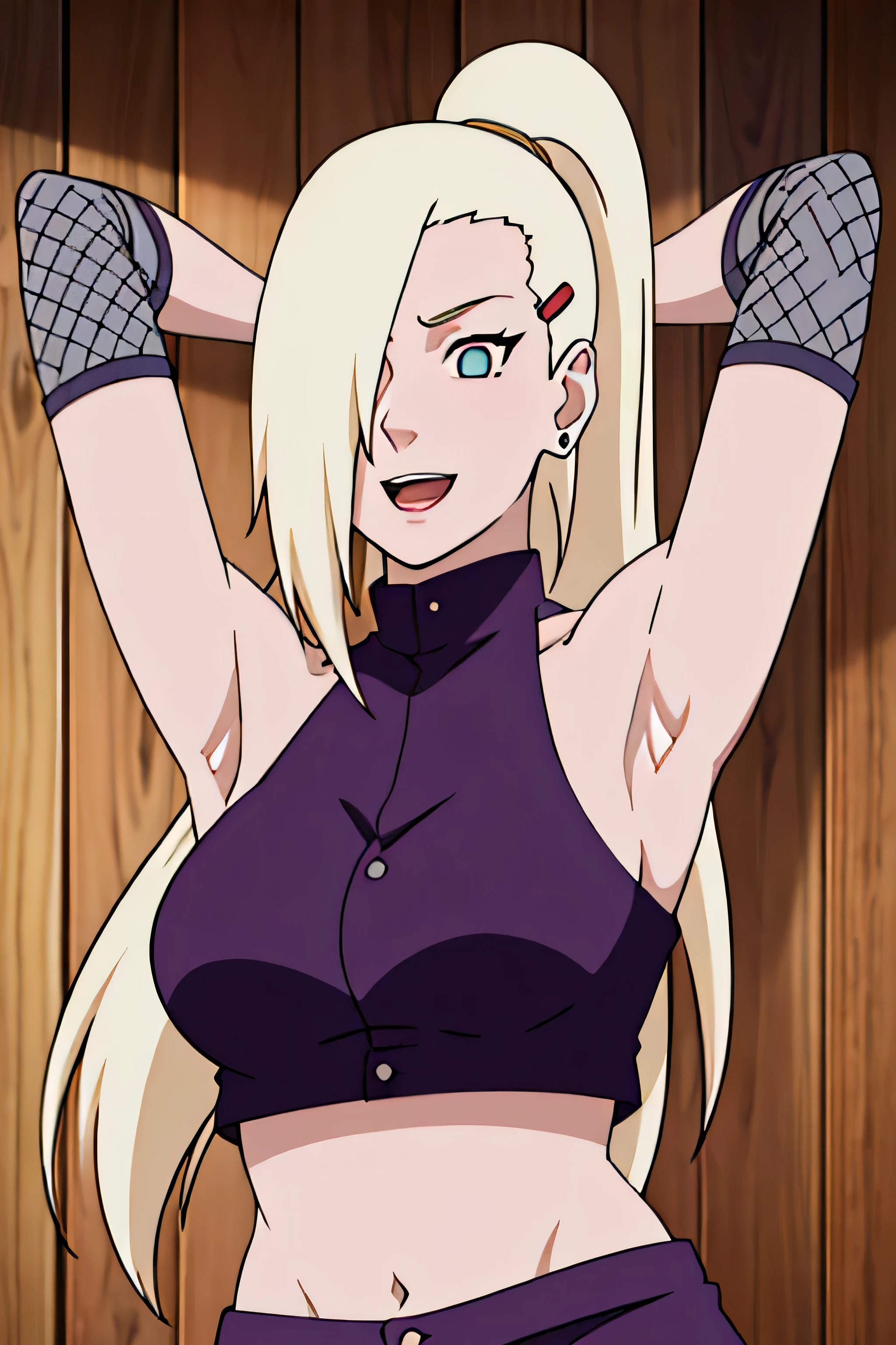 (serving viewer), Ino yamanaka, looking at the viewer, attractive, from below, ultra detailed face, sunny day, day time, upper body view, anime style, solo, detailed home, blonde, (purple clothes), ((one eye covered with hair, hair over eye)), medium breasts, belly button, looking at the viewer, thick arms, (off-shoulders, wide shoulders, curving body), hidden eye, smile, open mouth, very happy, tall, hair clip, sharp look, sharp face, sharp eye, cold colors,skin.Tsundere face. Pink eye shading,mature appearance,armpits,sweat,sweaty,sweaty armpits,arms up,showing armpits,awesome armpits,outfit,blackish purple arm warmers,black purple arm bands,black arm warmers,tongue