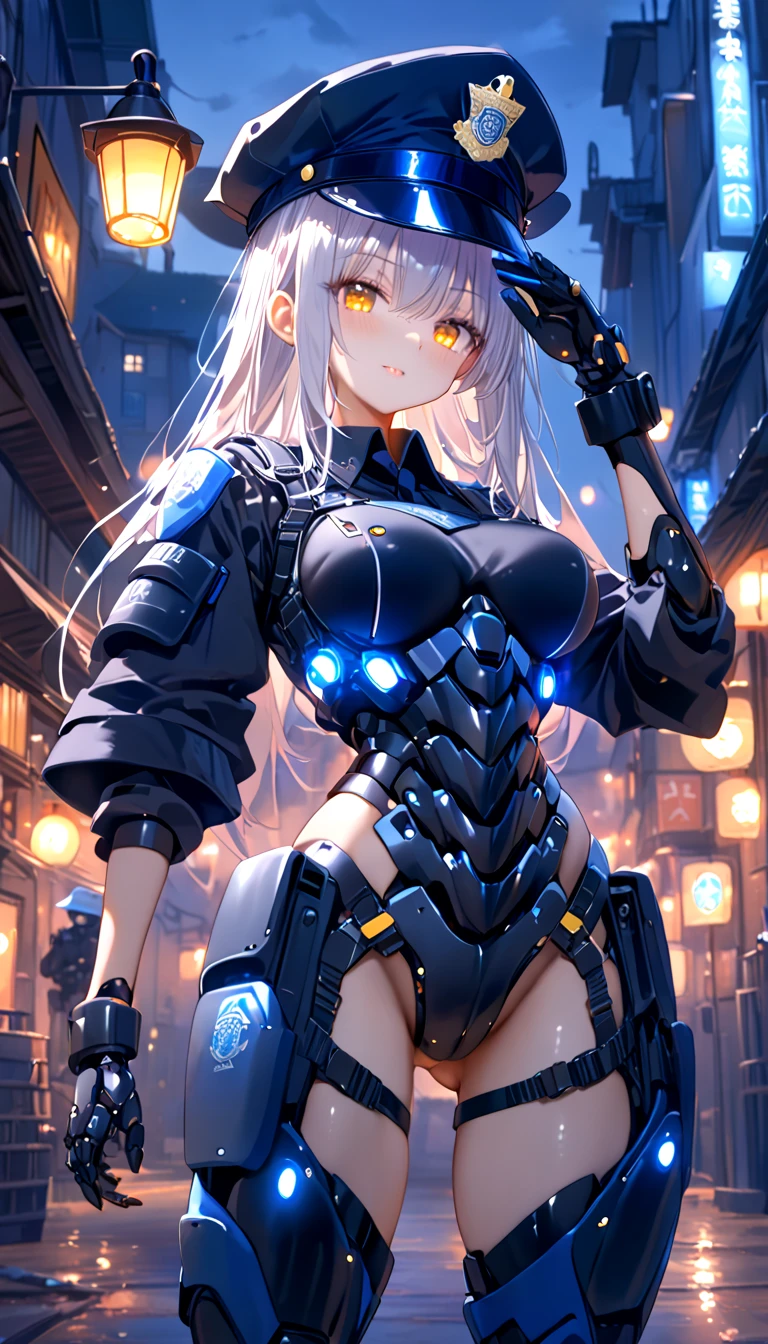 1girl, solo, masterpiece, old factory, warrior, silver hair, strait hair, twintail, large breasts, bikini armor, yellow eyes, guns, robotic equipment, metal suit, looking at the viewer, grin, ((standing))