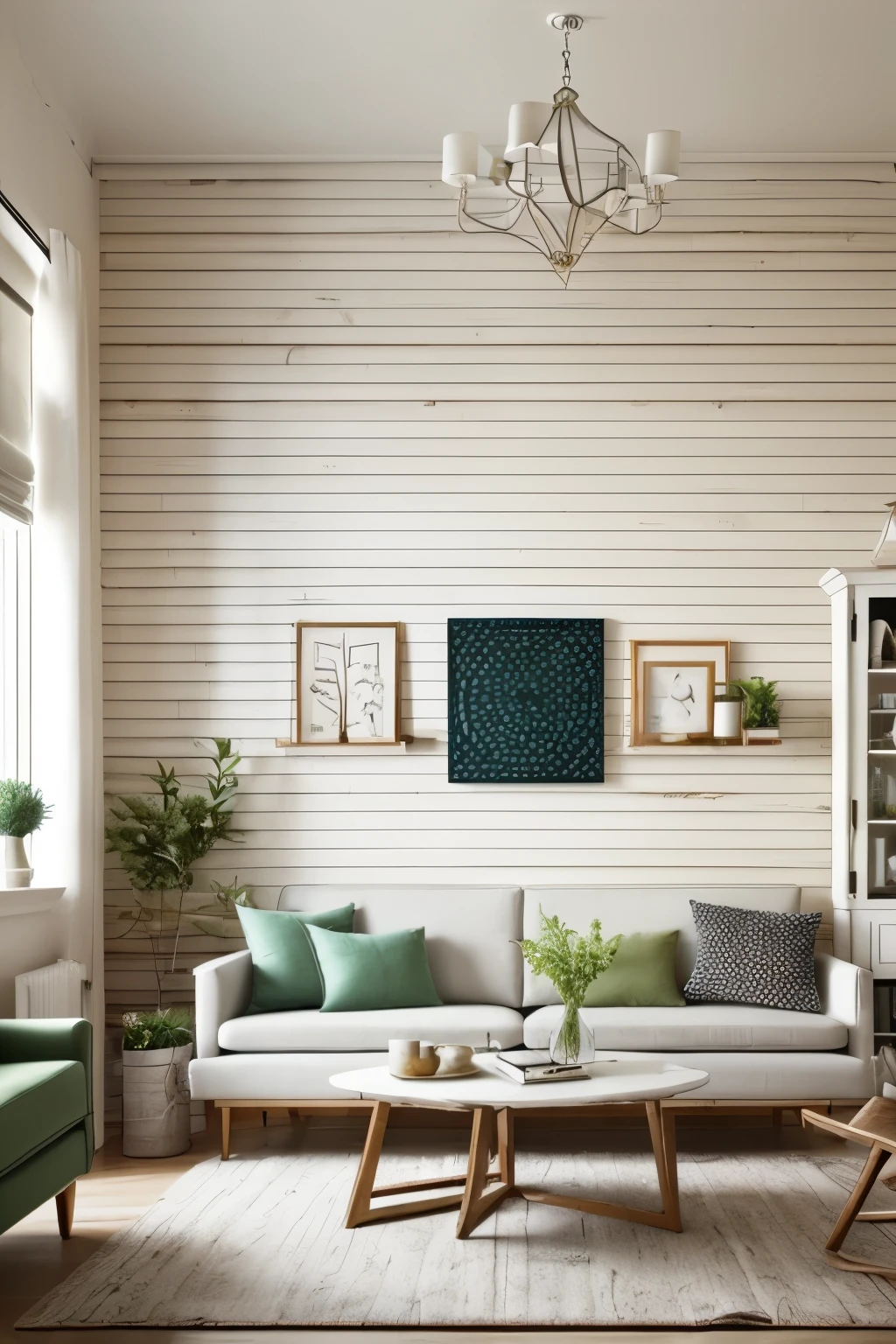 a cozy vintage, clear, white living room, daylight, clear wood wall and dark green details