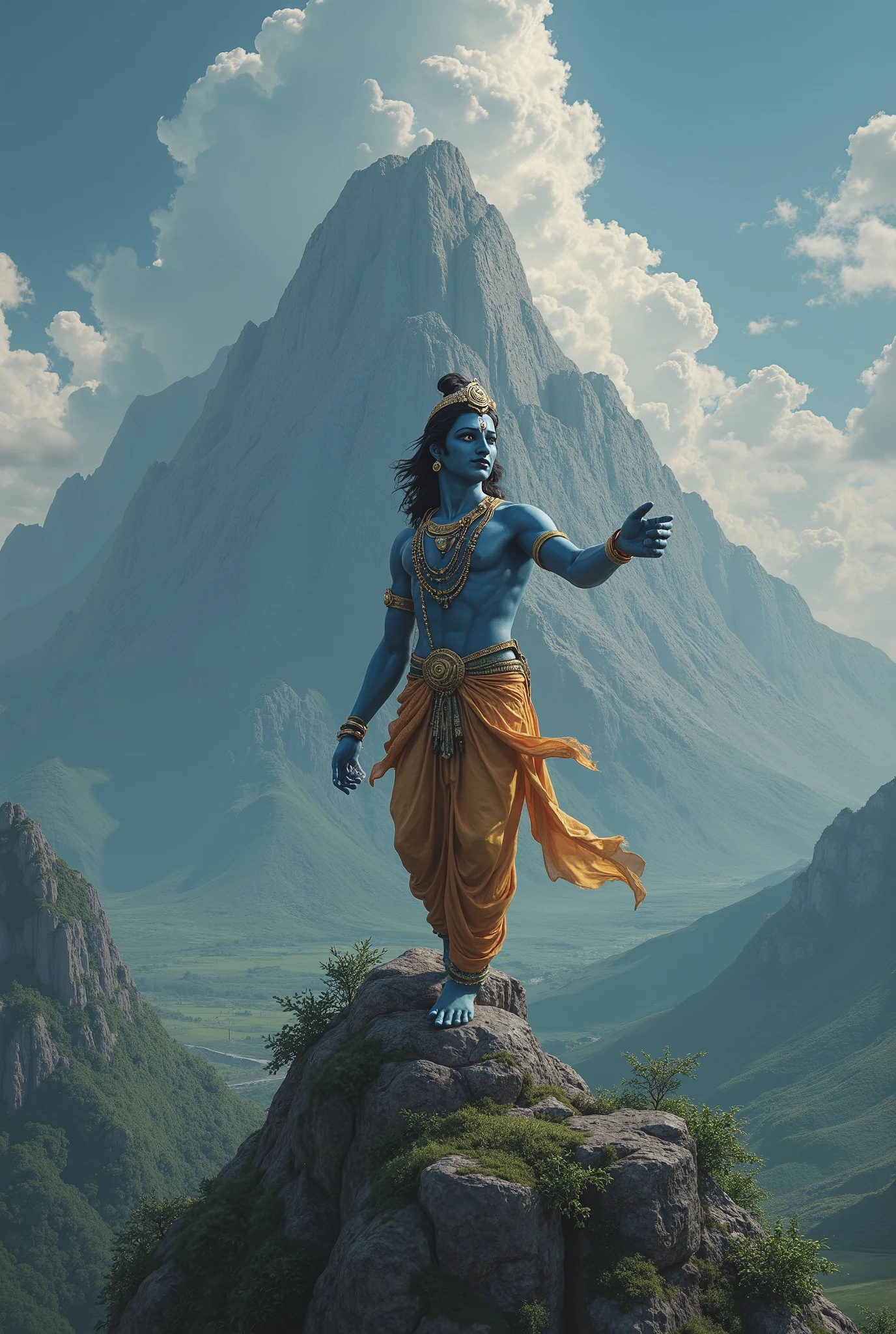 Cinematic realistic scene where south indian actor Mahesh babu as lord krishna lifting goverdhan hill to give the shelter under a hill by saving the people from excessive rain and windstorm done by indra the whole scene is cinematic and the devine light coming from the Mahesh babu playing as krishna with cinematic touch