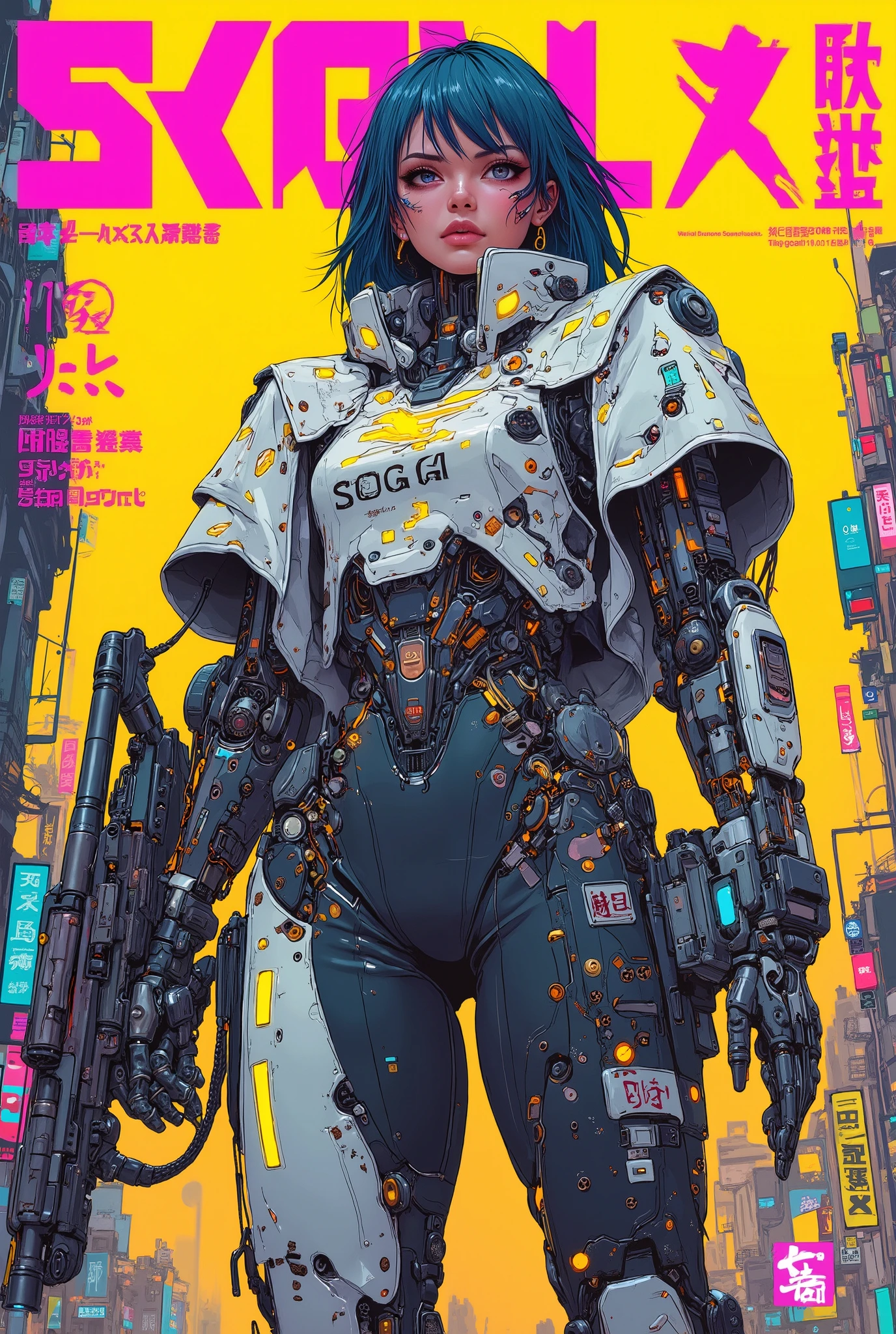 ((manga (((magazine cover))) illustration) of (perfect Asian cyborg girl wearing a detailed cybernetic plug suit and holding a rifle)), (Machine Body), ((LED lights)), ((wearing tattered cloak)), warm colours, ((Japanese text)), RUINED CITYSCAPE BACKGROUND.