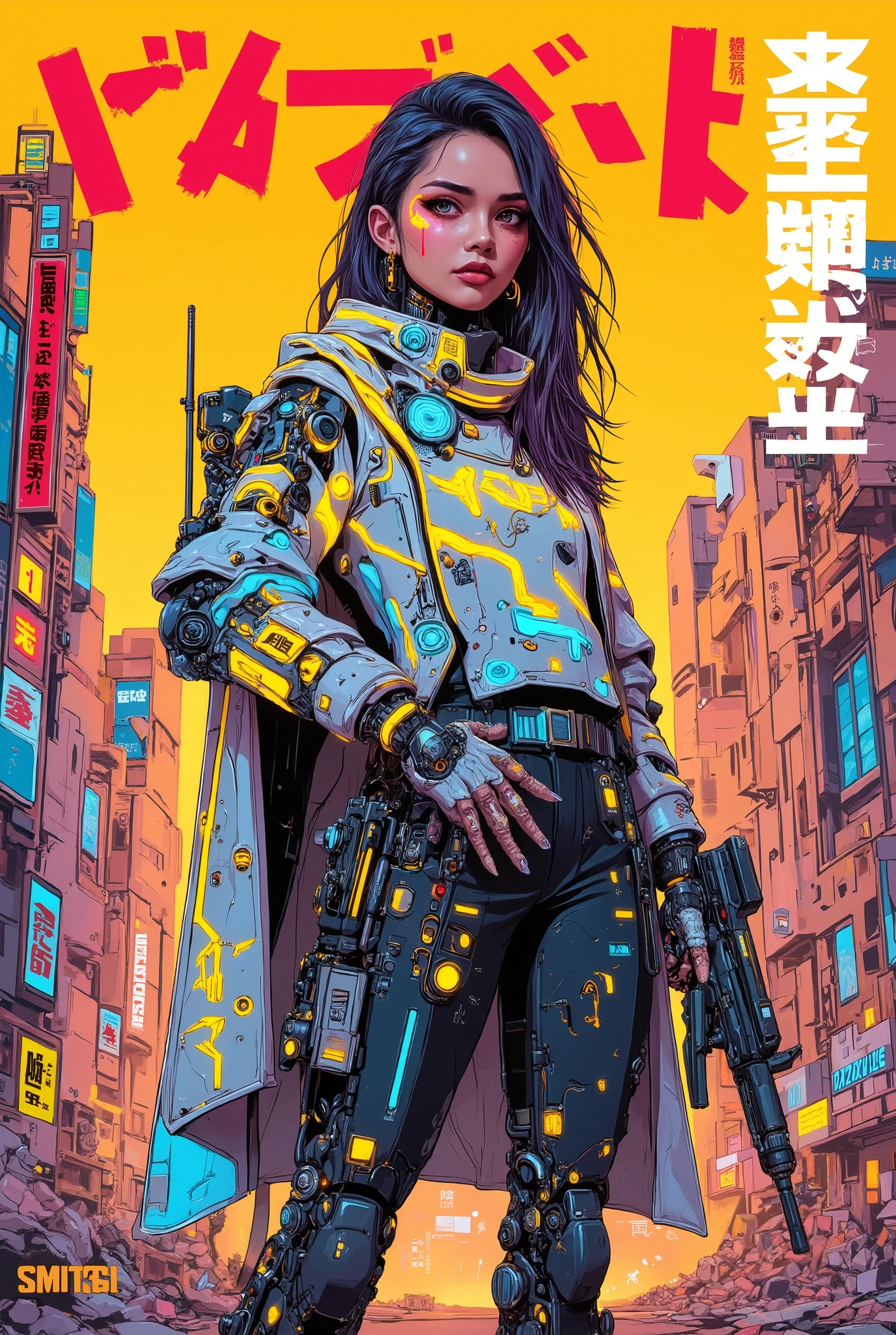 ((manga (((magazine cover))) illustration) of (perfect Asian cyborg girl wearing a detailed cybernetic plug suit and holding a rifle)), (Machine Body), ((LED lights)), ((wearing tattered cloak)), warm colours, ((Japanese text)), RUINED CITYSCAPE BACKGROUND.