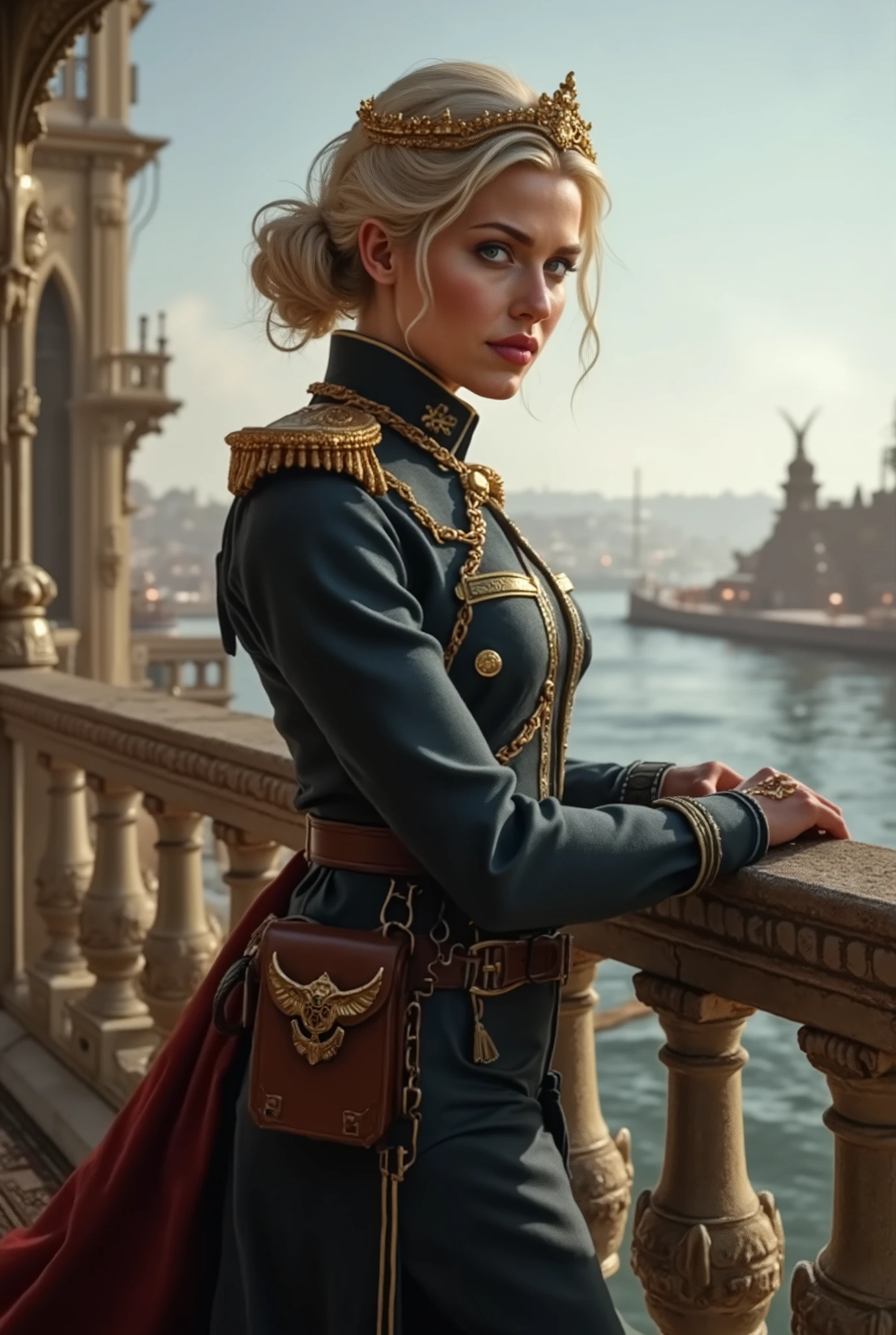 A queen in admiral uniform stands on a balcony at the harbor in the Victorian era . She has platinum-colored hair tied in a knot and a golden tiara with diamonds inserted. She has green eyes . She is 32 years old . A leather holster for a pistol hangs on the uniform belt . She has one hand on the balcony railing , The other supports her on her hip .
American attitude, Make-up, Close Up , masterpiece, high resolution , from the side,