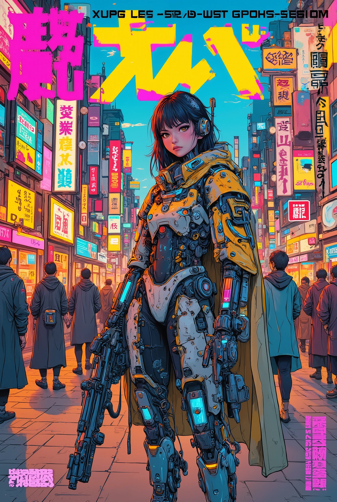 ((manga (((magazine cover))) illustration) of (perfect Asian cyborg girl wearing a detailed cybernetic plug suit and holding a rifle)), (Machine Body), ((LED lights)), ((wearing tattered cloak)), warm colours, ((Japanese text)), futuristic cyberpunk market filled with people background.