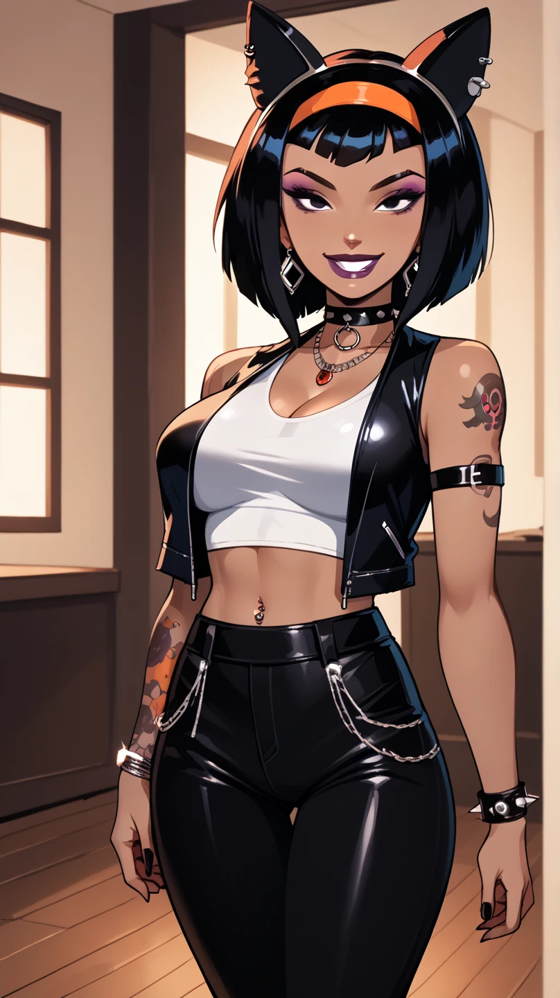 a woman with short black hair, hair on shoulders, wearing a black cropped and plaid skirt, blue eyes, zombie art, gothic art, cute aesthetic with vibe, toon aesthetic, wearing red costume, wearing gothic accessories, look like Cassie Hack, whole body, on his knees ,on his knees holding a skull in his hand, zombie background