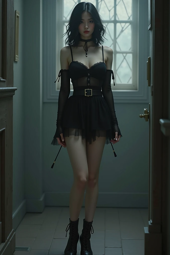 ((best quality: 0.8)), ((masterpiece)), (detailed), 1girl, 17 years,beautiful face, long, brown, wavy hair, short black dress with long sleeves, black and gray striped socks, black boots , passionate lips, light blush, big breasts, beautiful red eyes, fair skin, skull tattoo, beautiful smile. knife in hand, (glowing eyes: 1.4), (blood face) horror, scary folders, basement