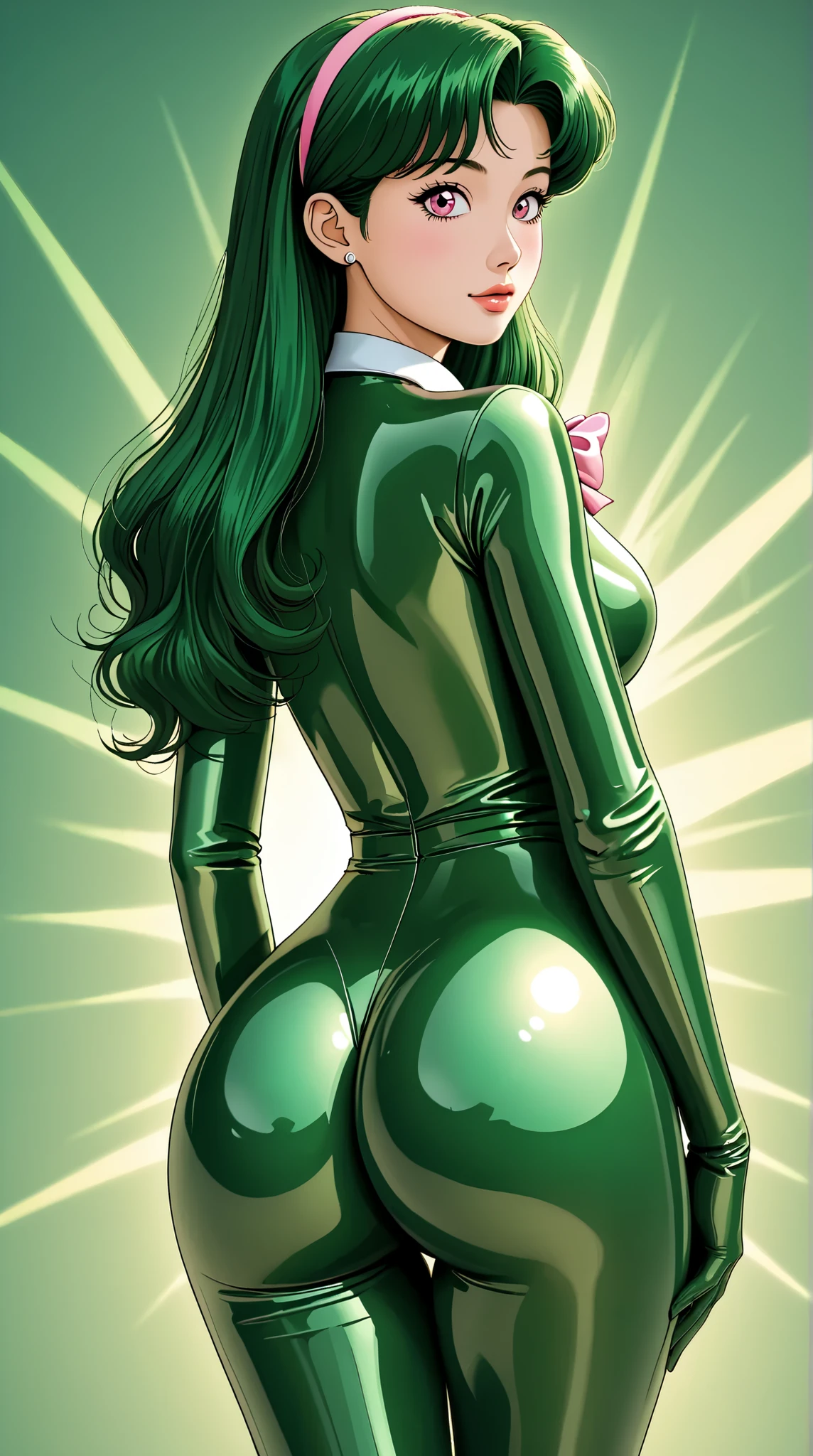 best quality, illustrator anime, style retro classic, (masterpiece, Highest quality, Ultra-high resolution), korean girl, green hair, long hair, pink eyes, (green latex bodysuit), The clothes fit perfectly, pink bowtie, latex has a strong metallic sheen, Glossiness, shiny, cute face, anime face, backlight, huge butt, from behind, focus on butt, green gradation background,