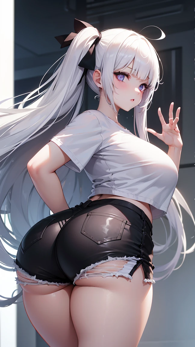 Anime Kawaii sexy Perfect Slim sensual body large breast and huge thighs, An intricate and highly detailed illustration of anime (Young girl) work of art, better_品質, 1 girl, darkskin_female, blond_eyeballs, rot_eyeballs, big fit ass_breastsout, betterar, make up, Shorts, JEANS_Shorts, hackear_main, へそ, tummy, toned, (abdomen:0.8),