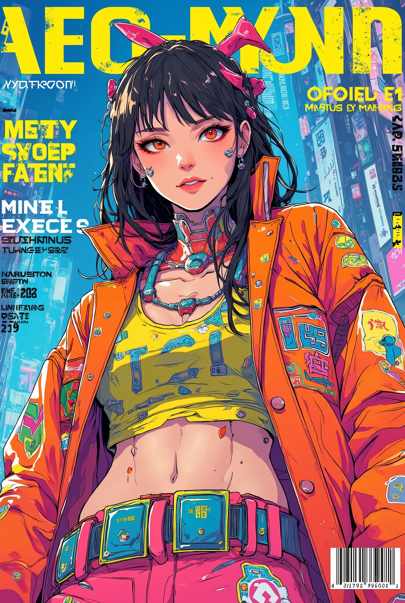 ((manga (((magazine cover))) illustration) of (beautiful cyberpunk girl wearing cyberpunk street style clothing))), cute smiling Japanese girl, (very detailed linework), ((katsuhiro otomo art style)), comic book colours, ((Japanese text)), barcode.