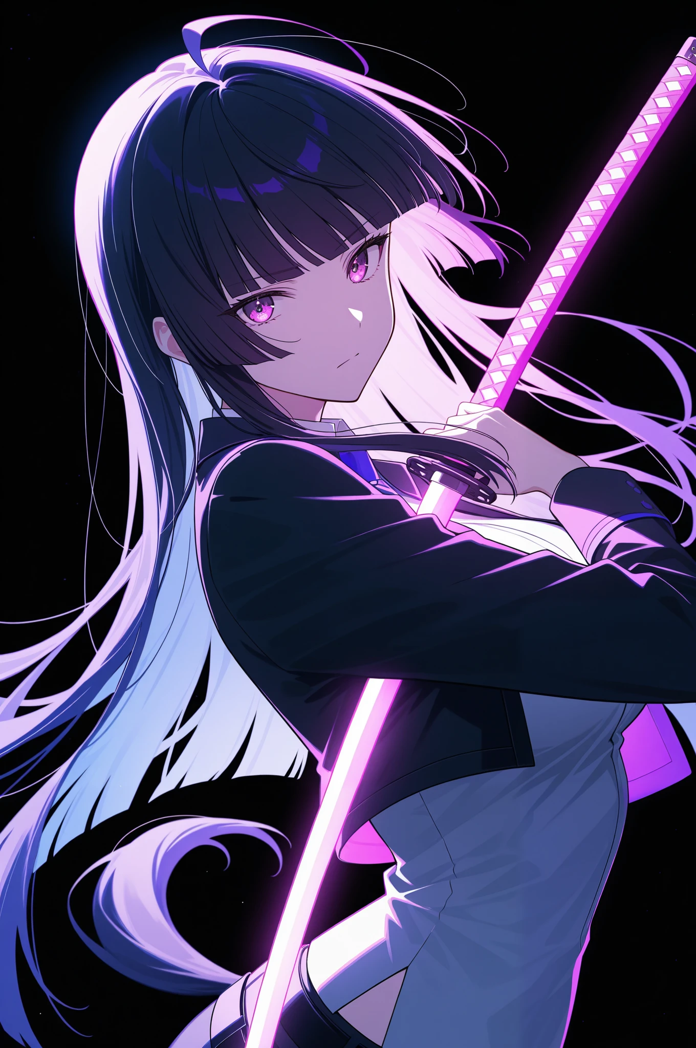 masterpiece, top quality , great quality, Character Focus , minimalist, Side Angle , upper body, hime cut, Long horse tail , cybernetic ,I have Katana, pose,dynamic angle, focus on face , viewers, Backlight, one side light ,round background , with blue neon light, black background