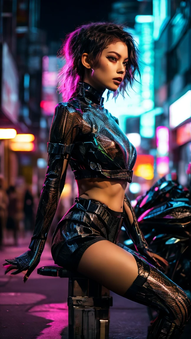 Surprisingly beautiful cyberpunk woman, Equal body long hair，full bodyesbian, illusory engine, 3Drenderingof, Extremely detailed, voluminetric lighting, 8K, high resolution, Polished，Domineering posture，Expose the lateral breasts，PC Wallpapers，