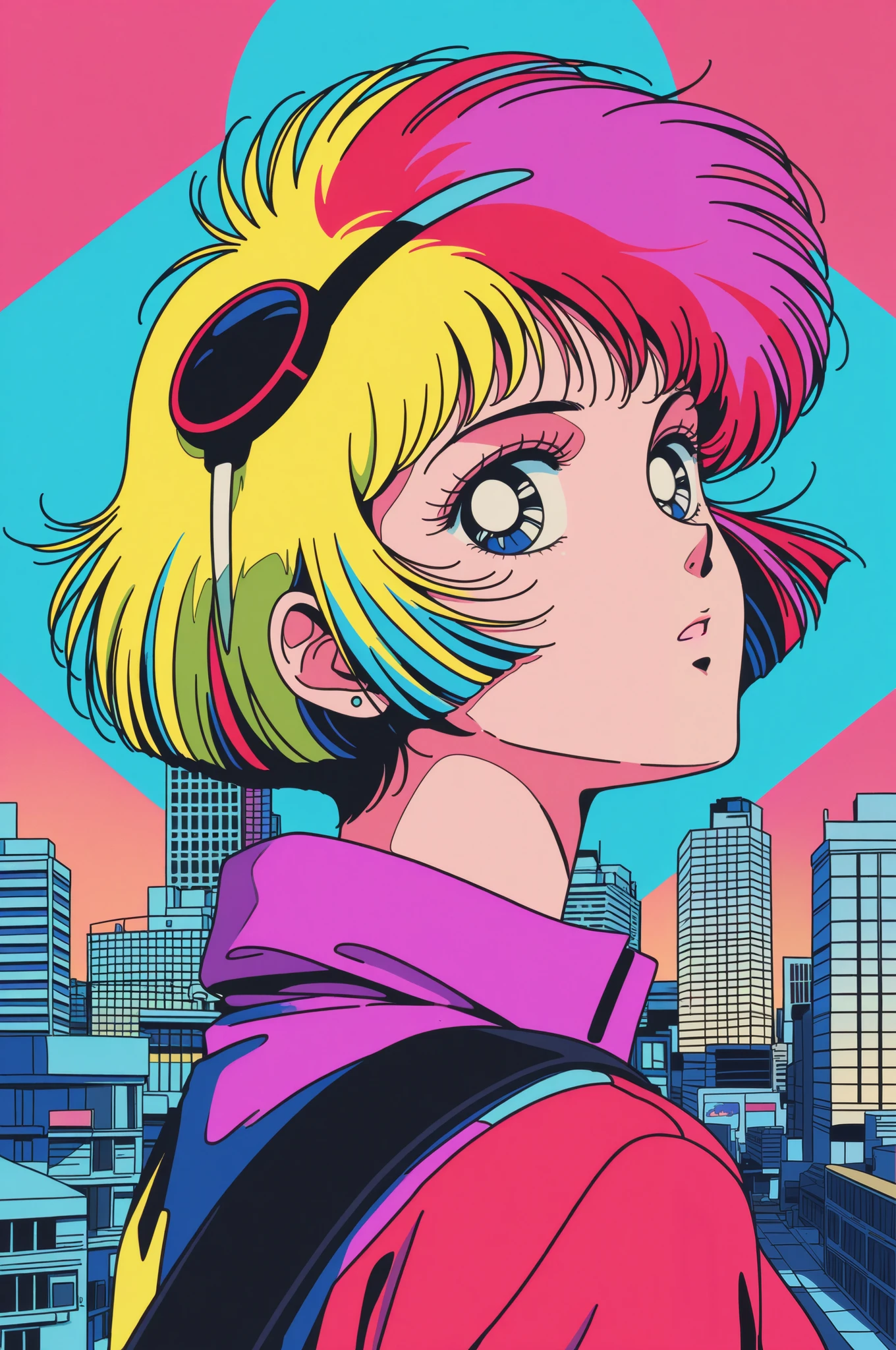 (highest quality:1.2, City Pop Style, Very detailed, up to date, Vibrant, High Contrast, masterpiece:1.2, highest quality, Best aesthetics), 1woman, ((Face Up Shot:1.4)), Colorful Hair, himecut, pastel colour, 1980s style, ((Retro, Vintage, Solid color background))
