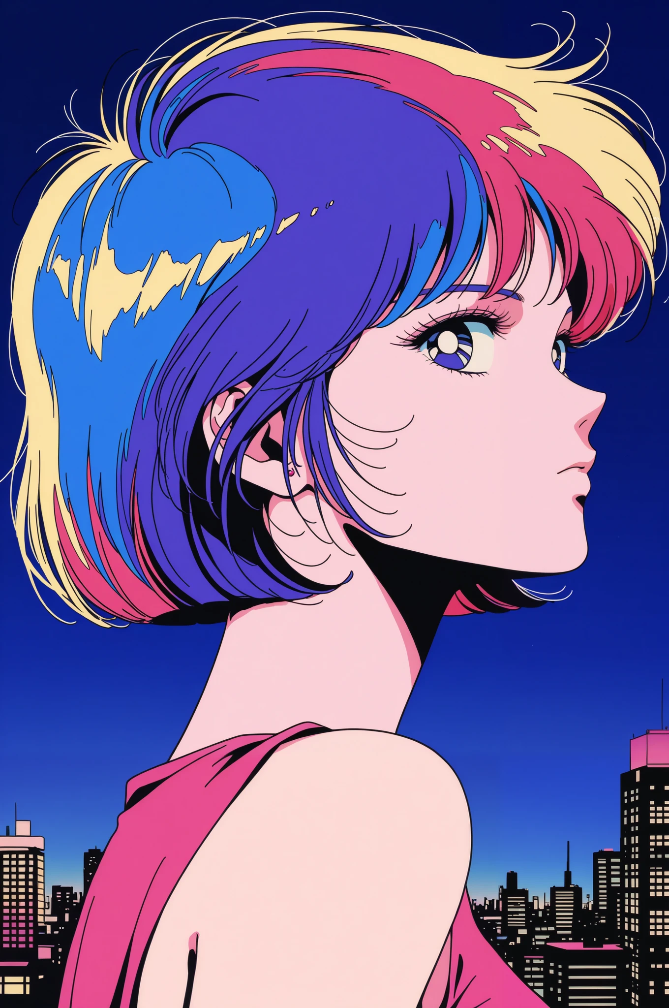 (highest quality:1.2, City Pop Style, Very detailed, up to date, Vibrant, High Contrast, masterpiece:1.2, highest quality, Best aesthetics), 1woman, ((Face Up Shot:1.4)), Colorful Hair, himecut, pastel colour, 1980s style, ((Retro, Vintage, Solid color background))