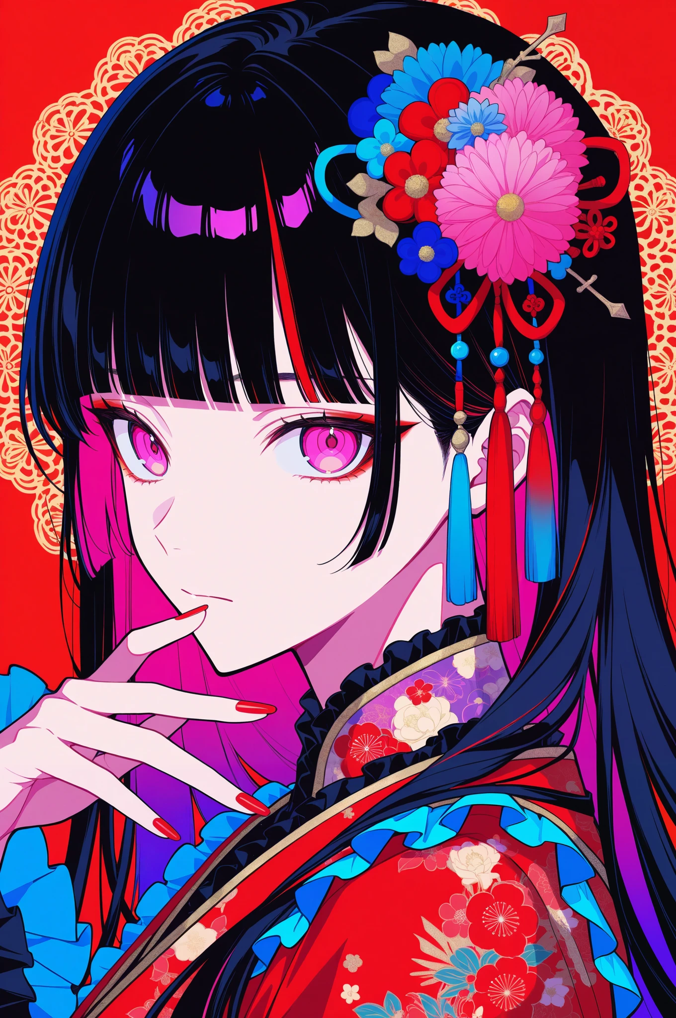 woman, solo, red nails, looking at viewer, bangs, pink eyes, long hair, nail polish, black hair, hair ornament, hand up, flower, blunt bangs, closed mouth, tassel, ribbon, portrait, colorful, red background, frills, multicolored hair, upper body, fingernails